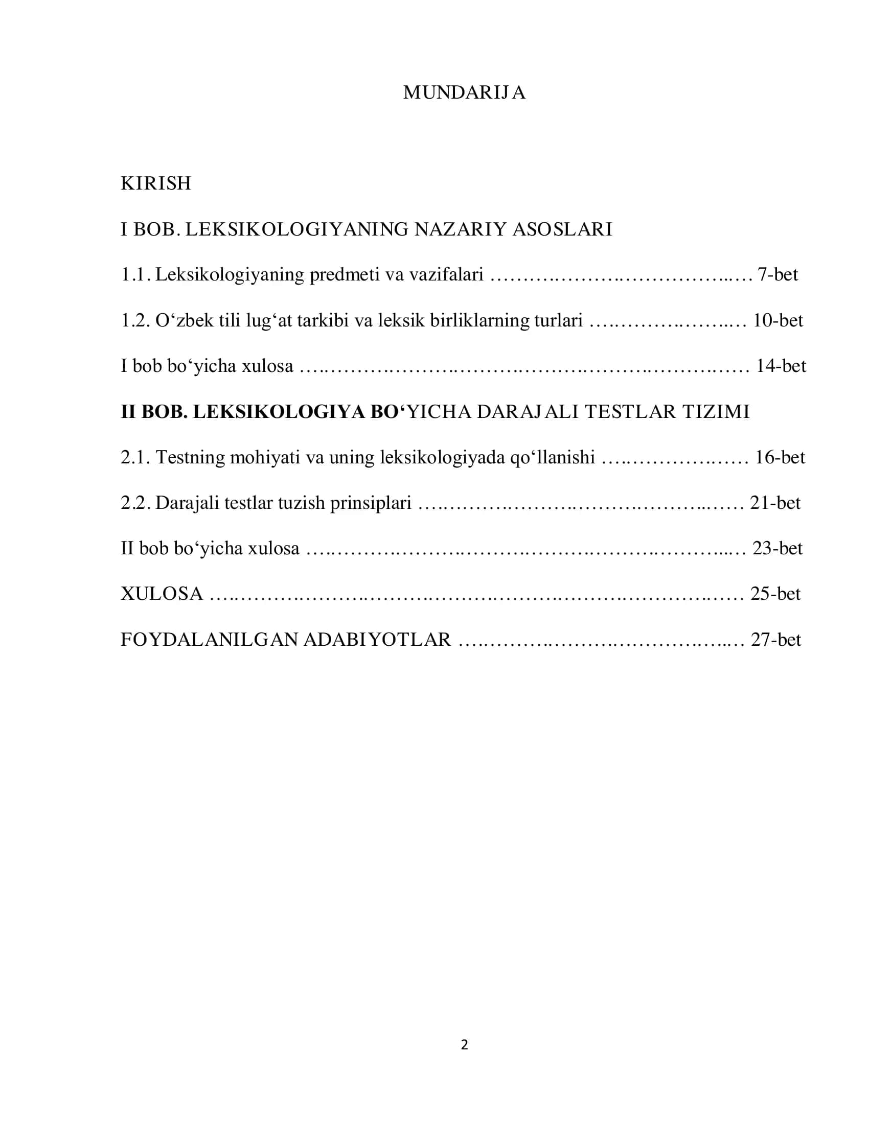 LEKSIKOLGIYA BO'YICHA DARAJALI TESTLAR TO'PLAMI 2