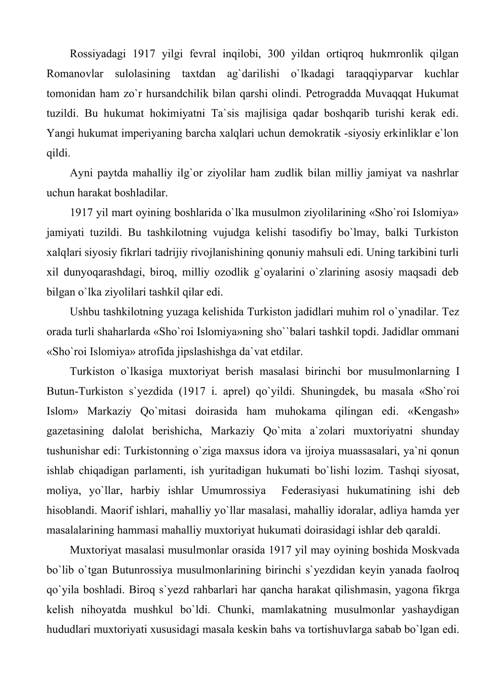 Turkistonda mustabid sovet hokimiyatining o`rnatilishi. Istiqlolchilik harakati 2