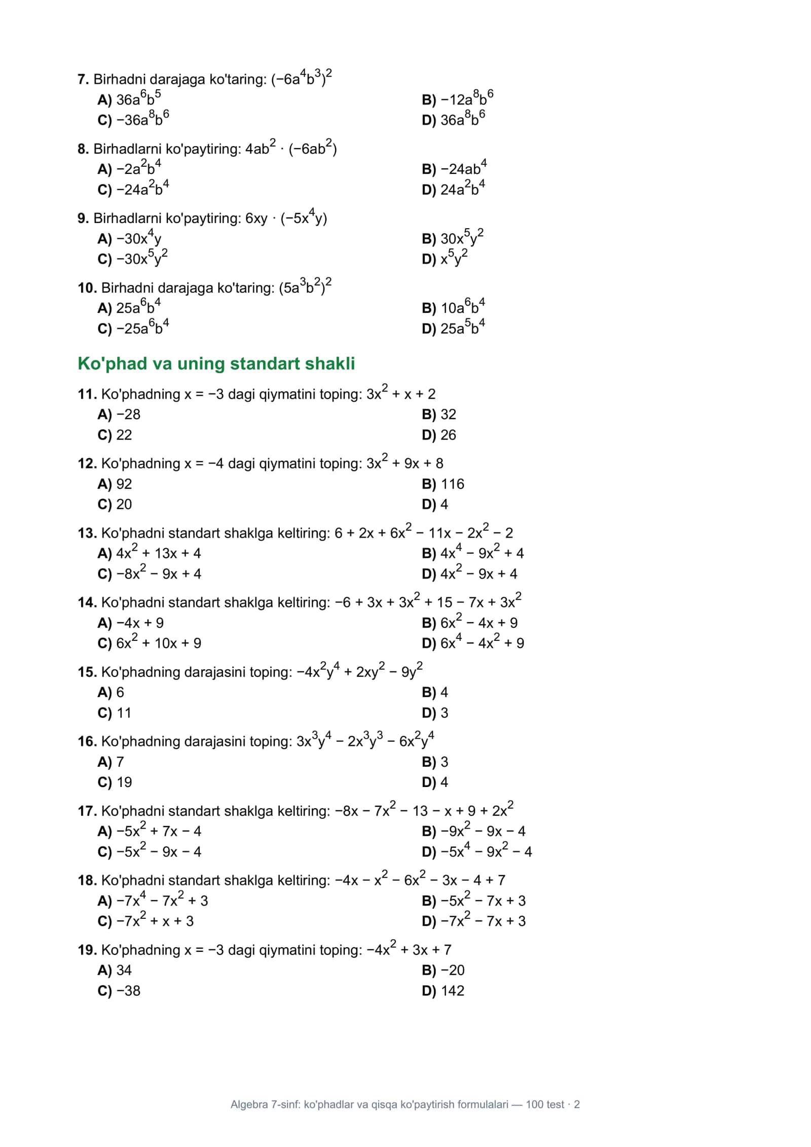 Algebra 7-sinf: ko'phadlar va qisqa ko'paytirish formulalari 2