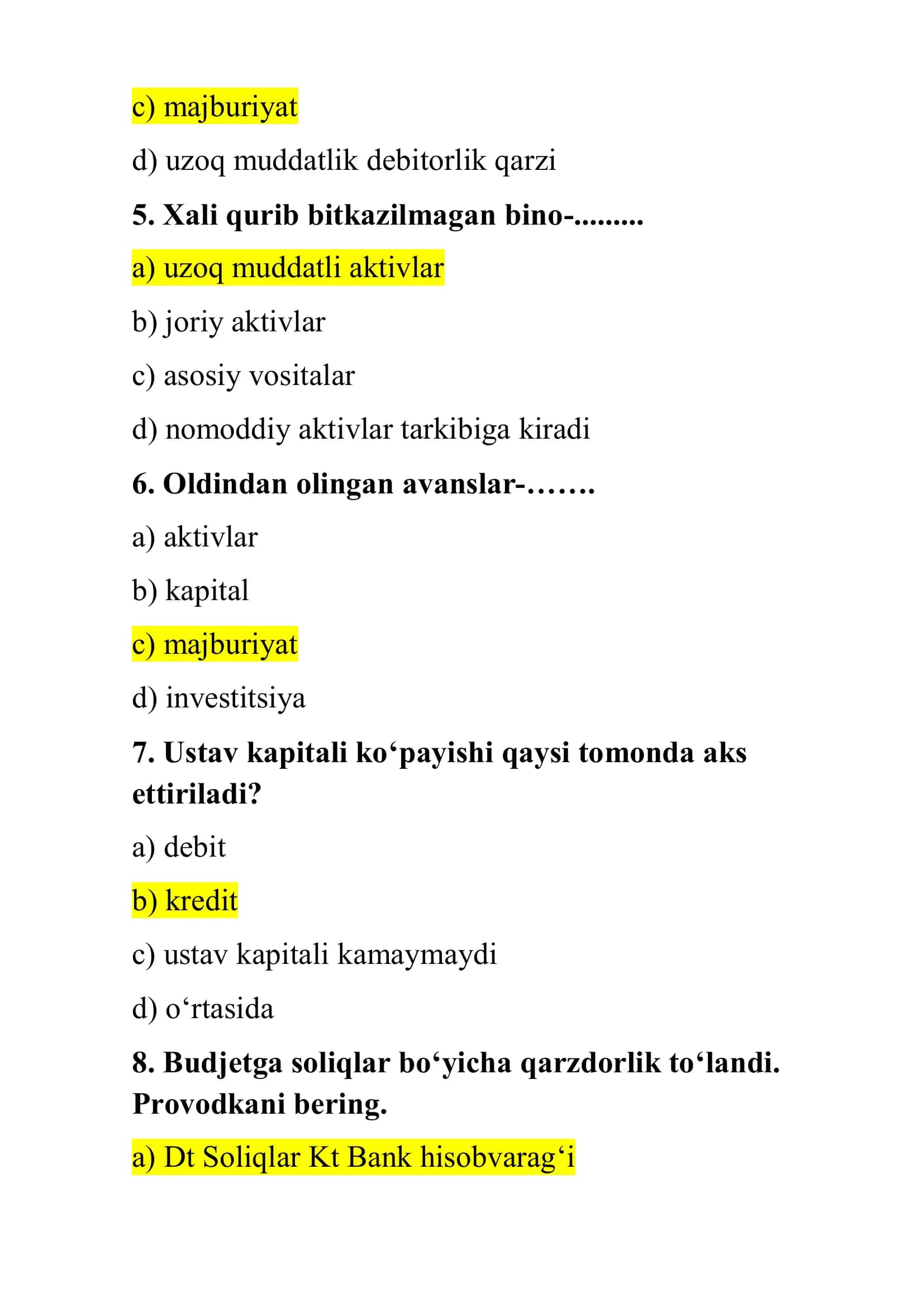 BUXGALTERIYA HISOBI FANIDAN TEST SAVOLLARI 2