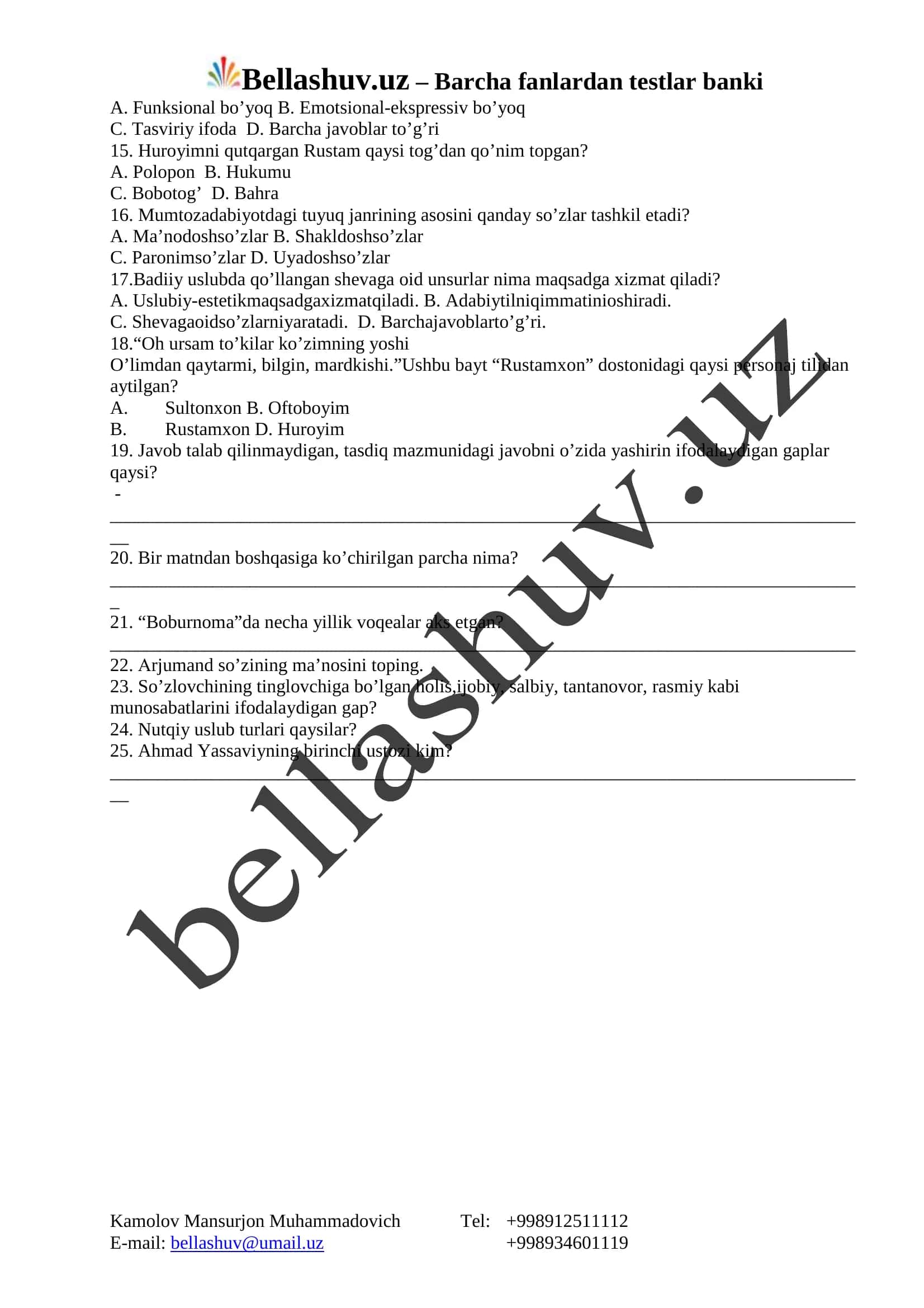 X SINF ONA TILI VA ADABIYOTI TEST I VARIANT 2