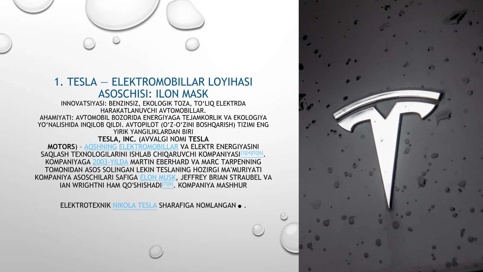 TESLA — ELEKTROMOBILLAR LOYIHASI 2