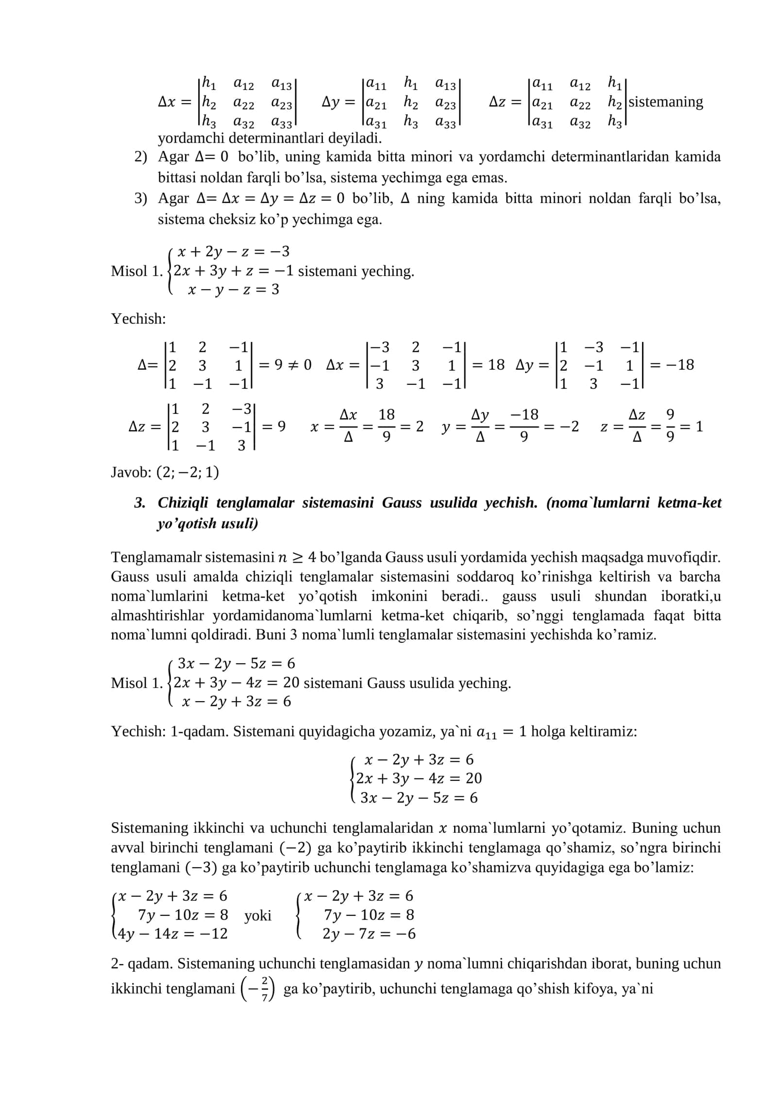 Chiziqli algebraik tenglamalar sistemasi va uni tekshirish 2