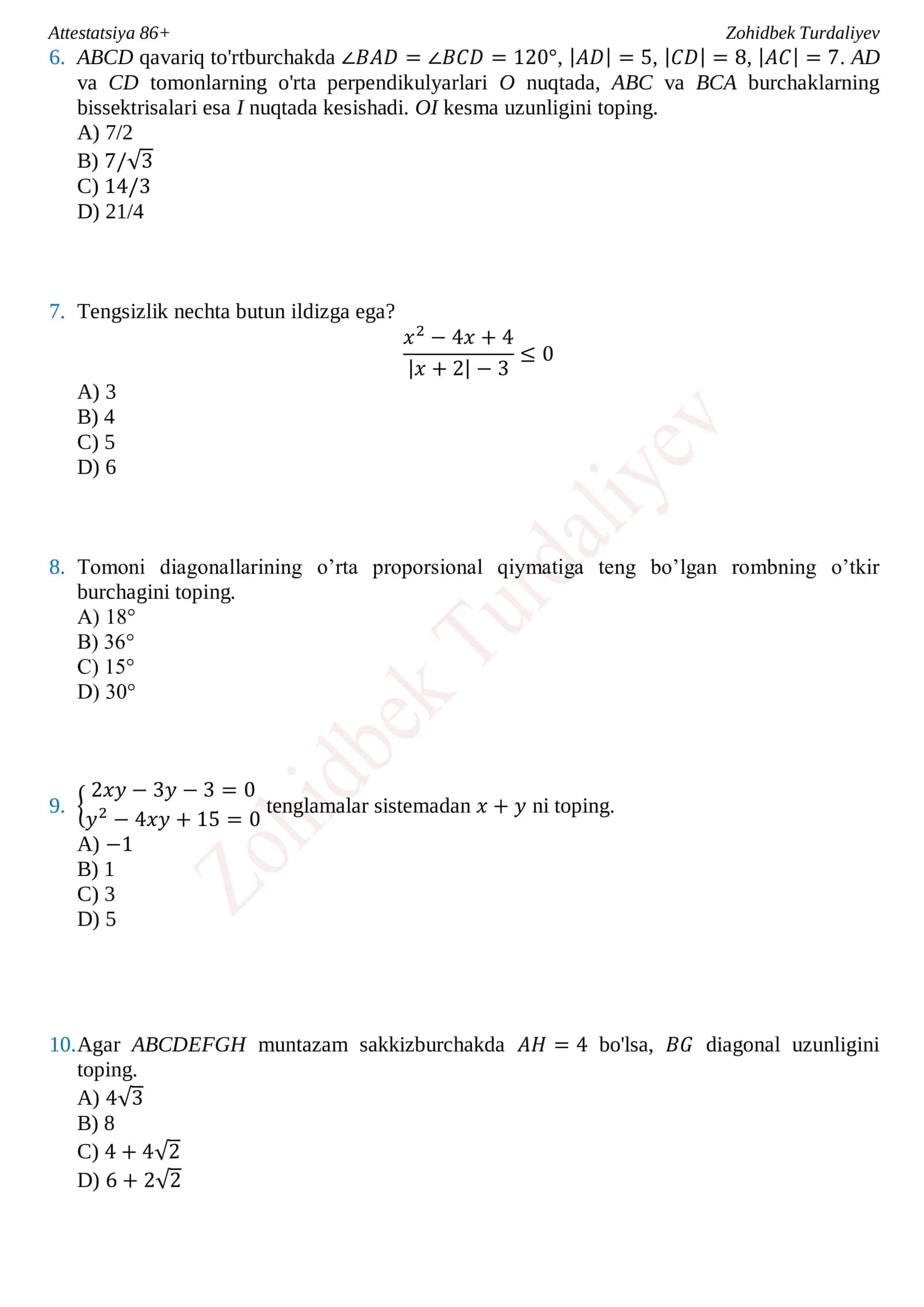 BAHORGI ATTESTATSIYAGA TAYYORGARLIK TESTI #1 2
