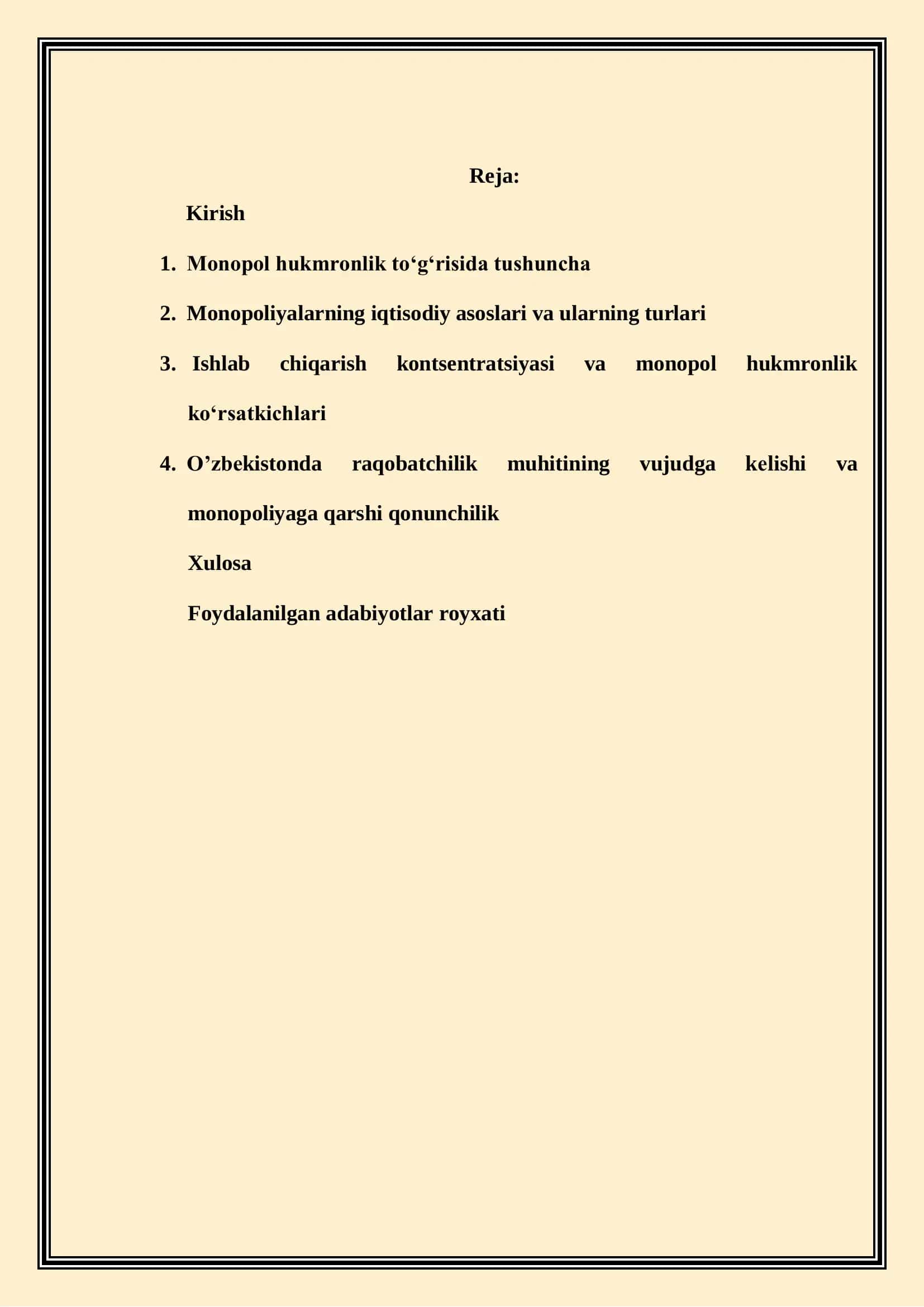 Monopol Hukmronlik va Monopoliyaga Qarshi Siyosat Referati 2