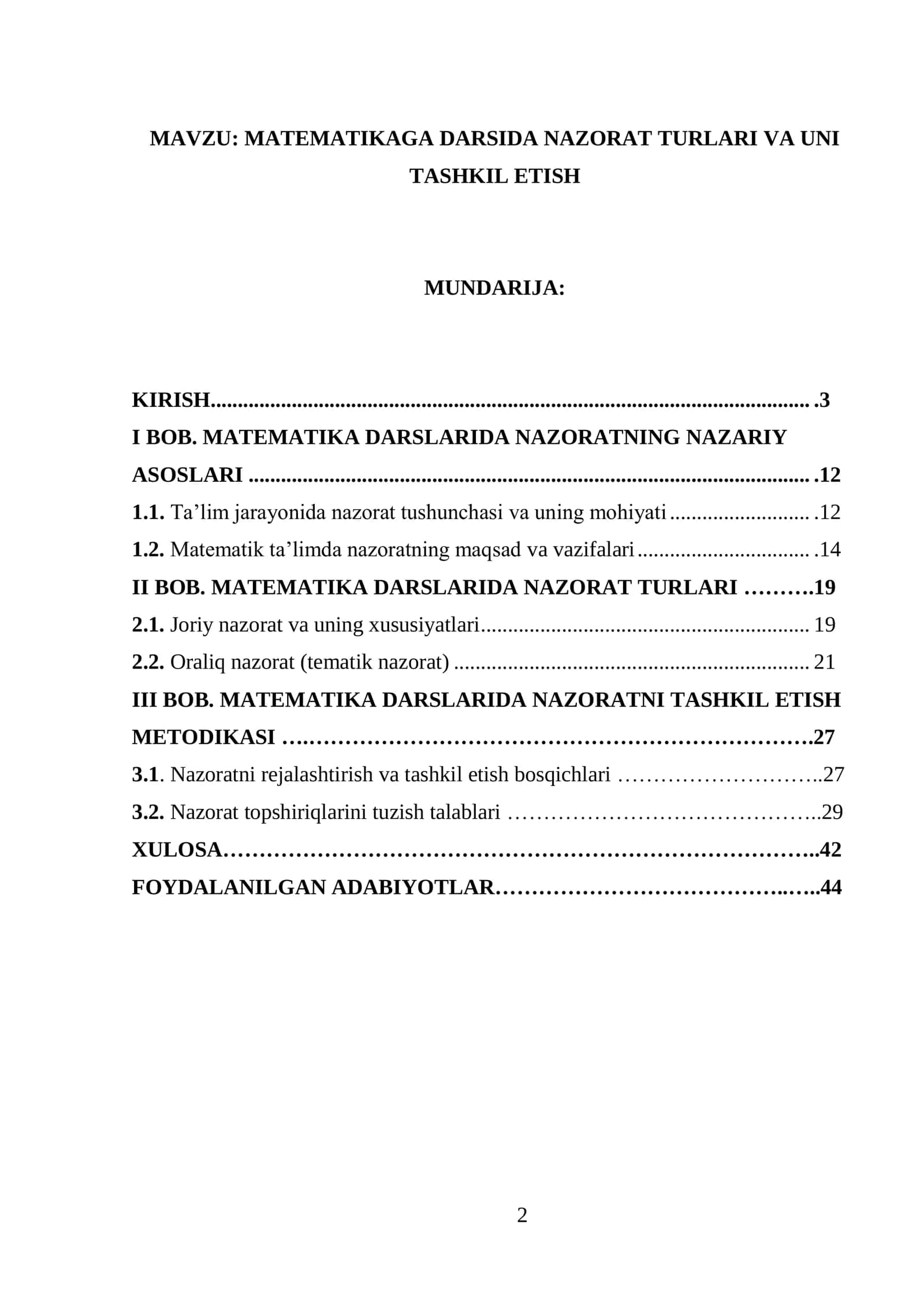 MATEMATIKAGA DARSIDA NAZORAT TURLARI VA UNI TASHKIL ETISH 2