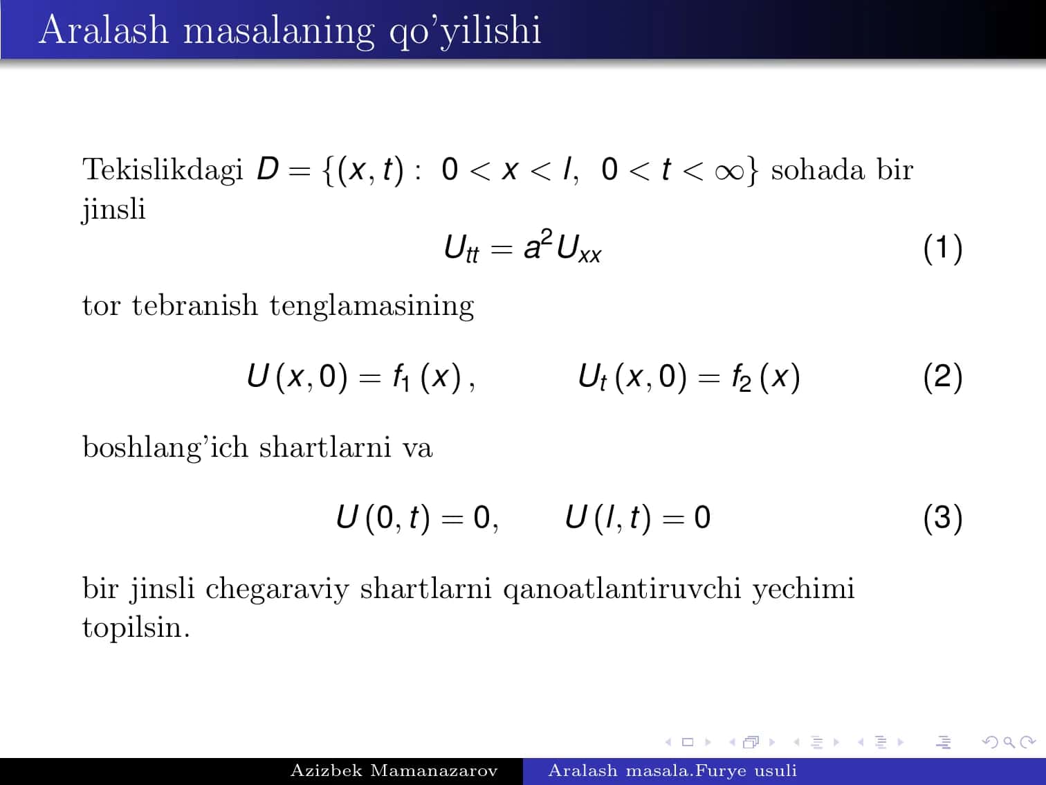 Tor tebranish tenglamasi uchun aralash masala. Furye usuli 2