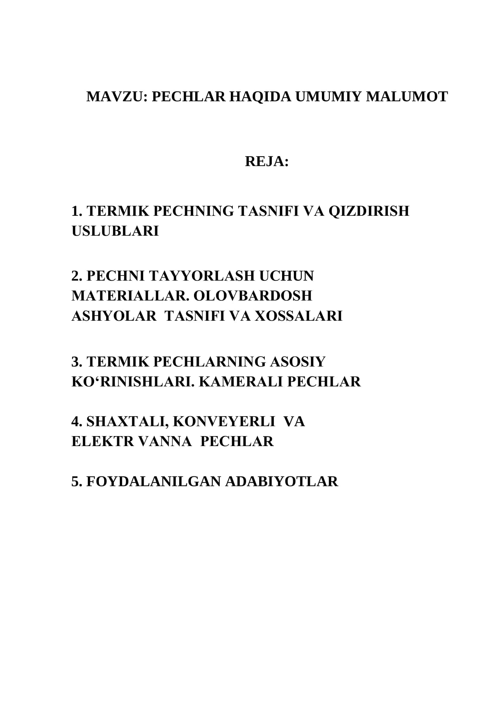PECHLAR HAQIDA UMUMIY MALUMOT REFERAT 2