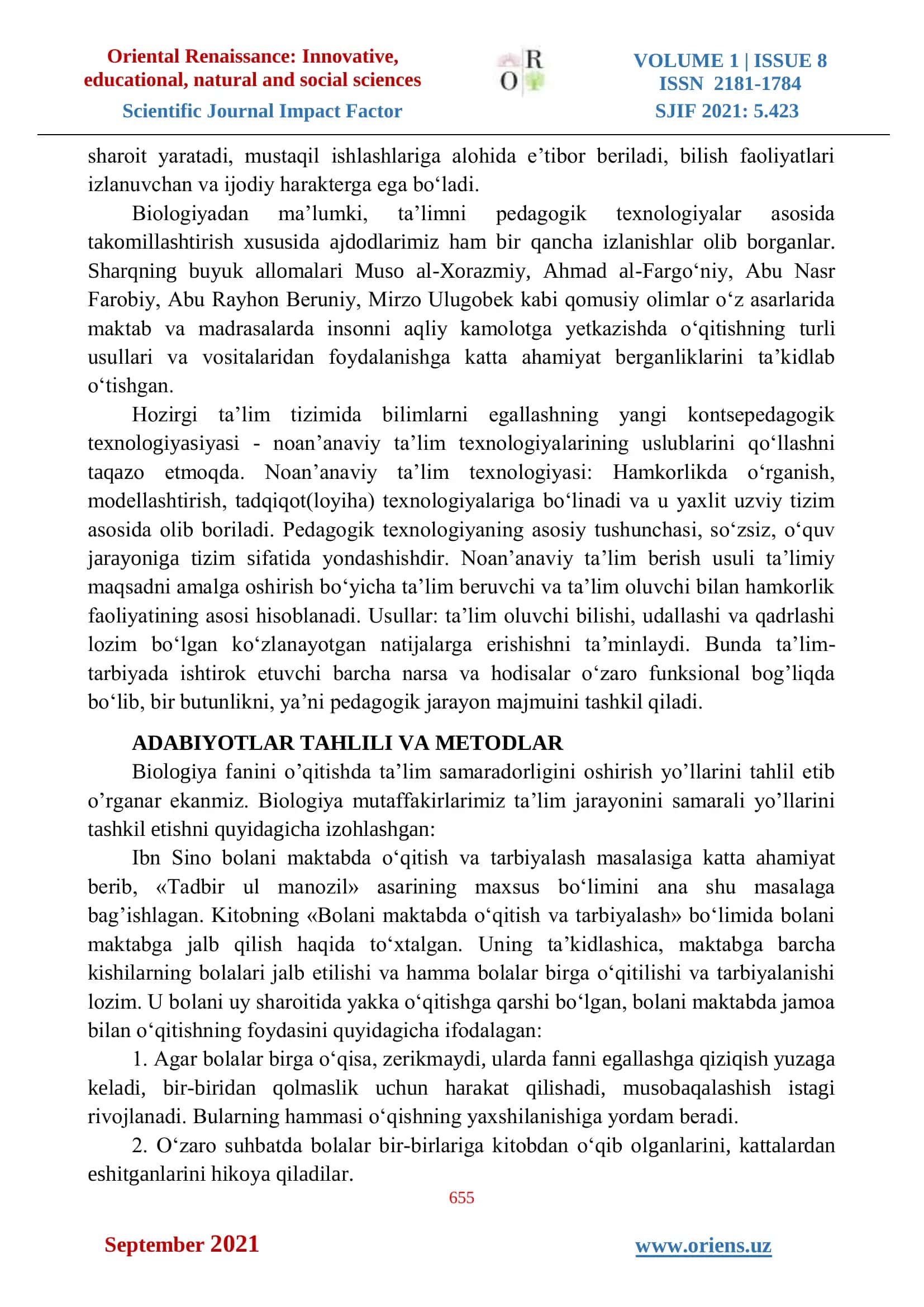 BIOLOGIYA FANINI O’QITISHDA TA’LIM SAMARADORLIGINI OSHIRISH YO’LLARI 2