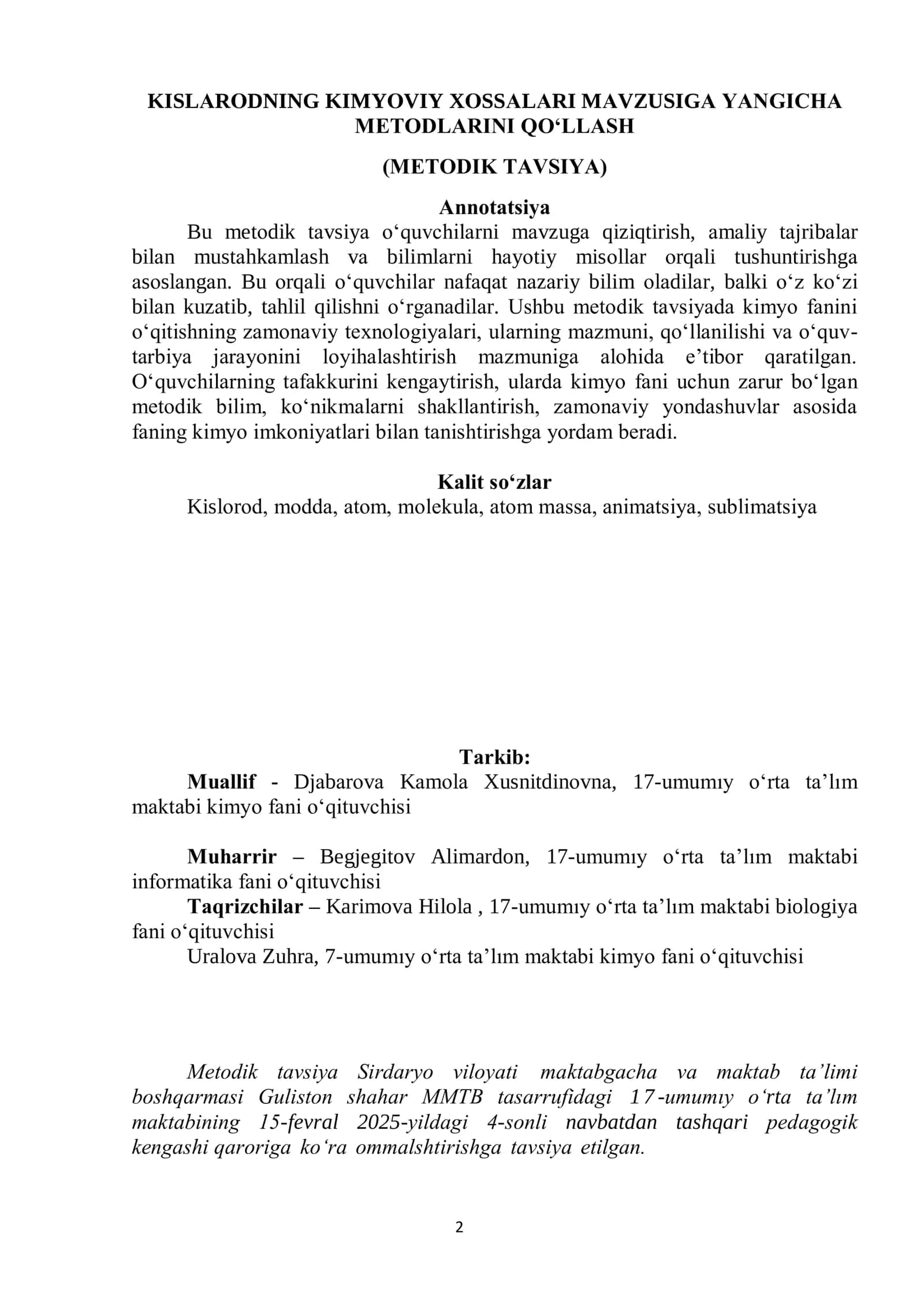 Kimyo fanidan ommalashtirish ishi na'munasi 2