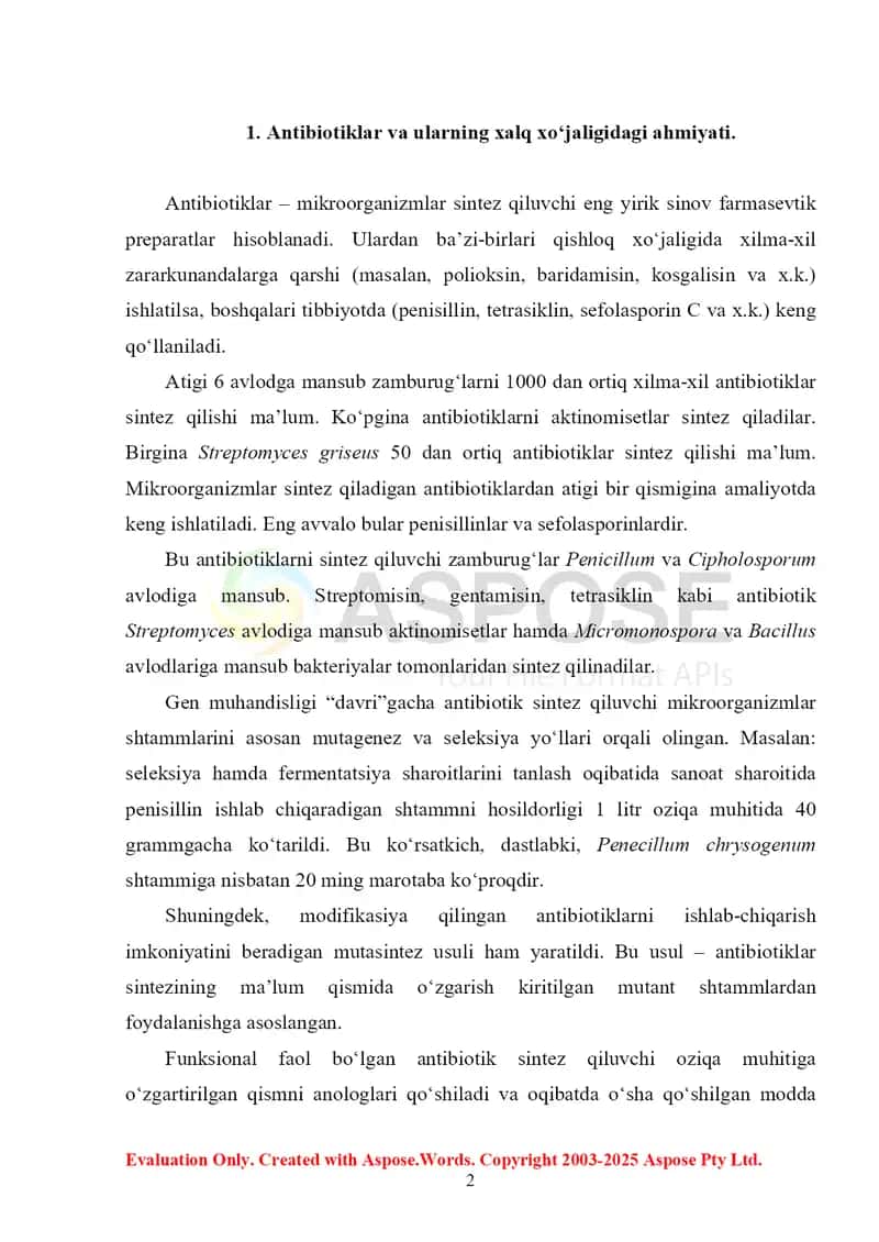 9. Antibiotiklar ishlab chiqarish. Referat 16 bet. 2