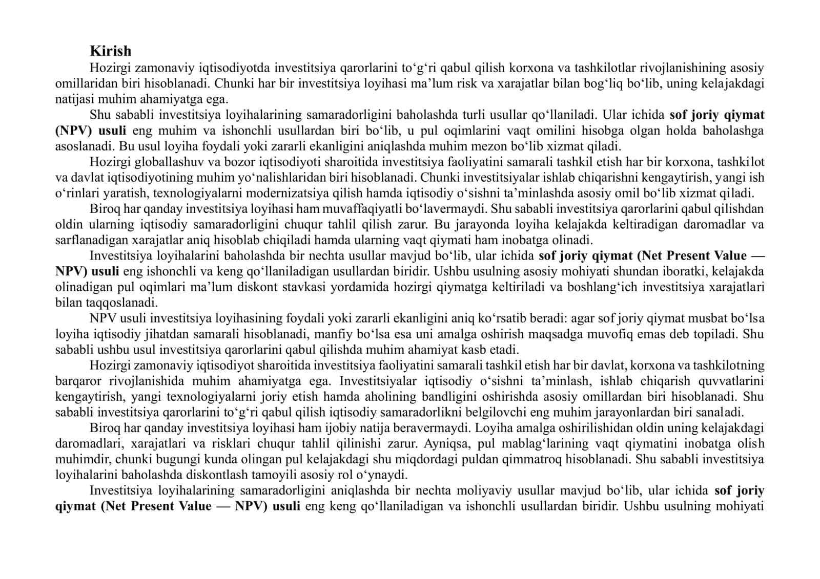 Sof joriy qiymat (NPV) usuli 2