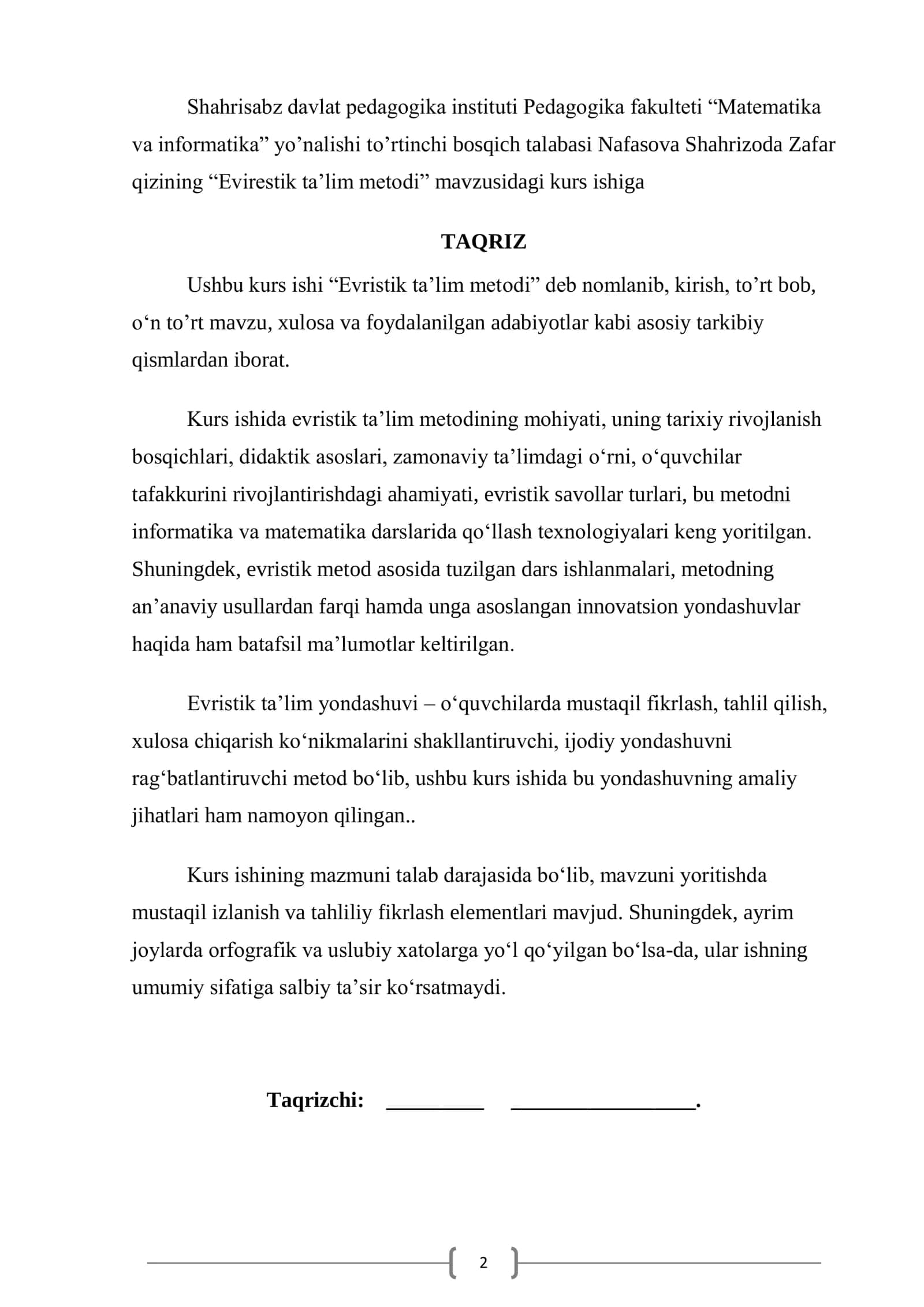 MATEMATIKA O‘QITISH METODIKASI FANIDAN KURS ISHI 2