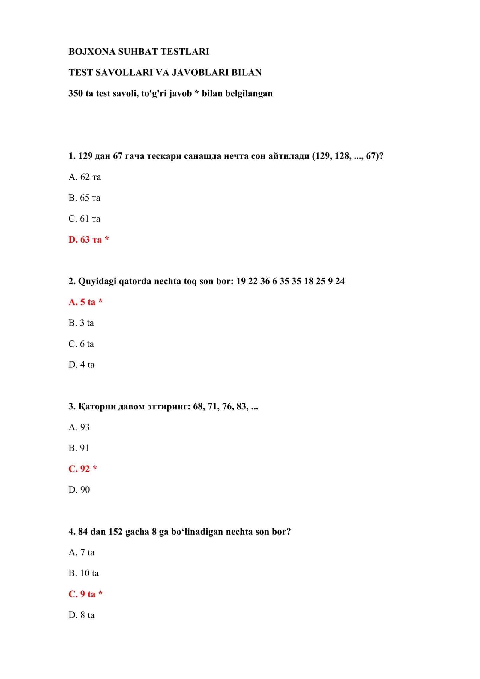 BOJXONA SUHBAT TESTLARI 2
