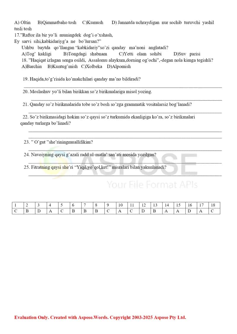 Ona tilidan 8-sinf uchun test 2
