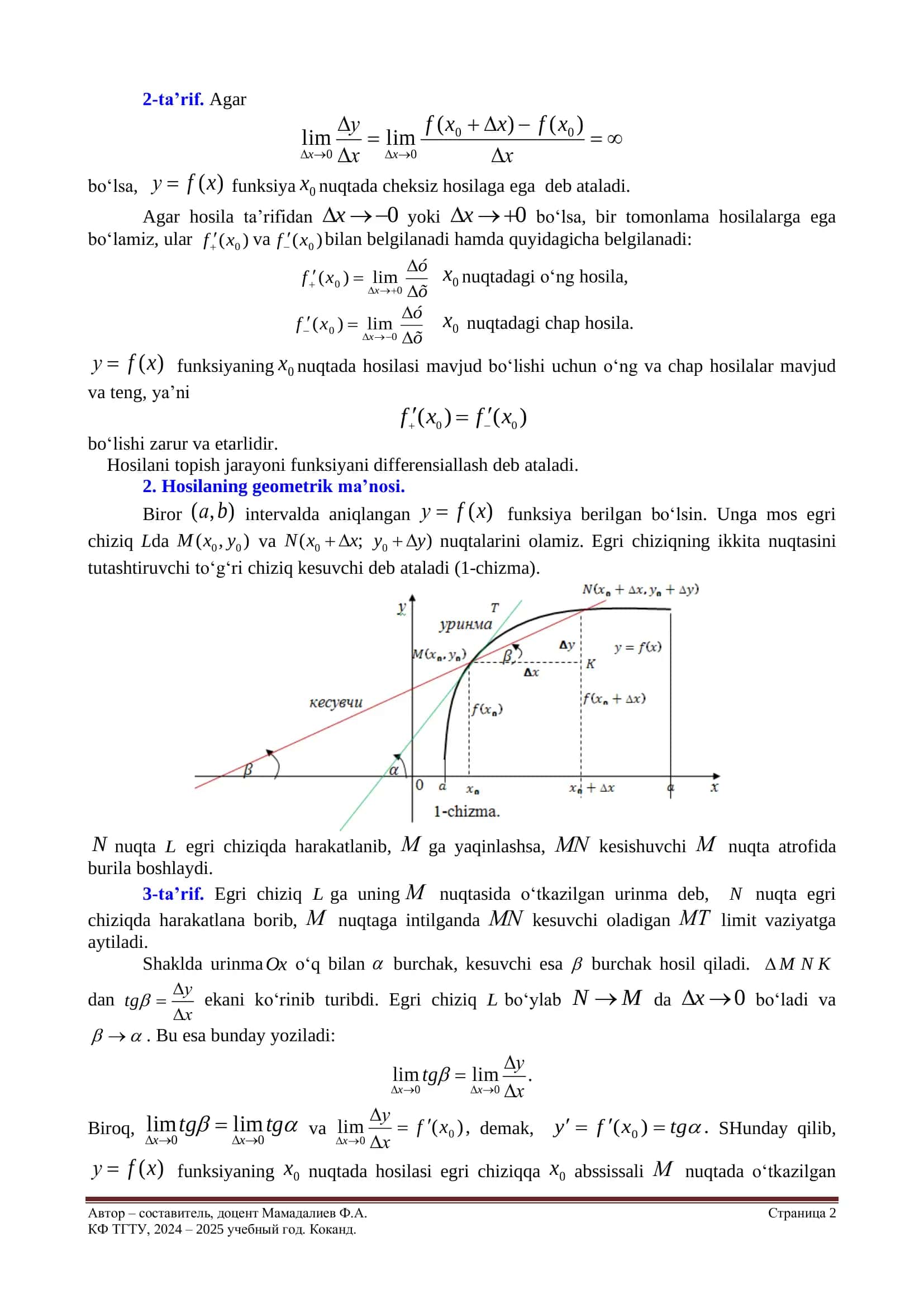 Hosilaning ta’rifi, uning geometrik va mexanik ma’nosi 2