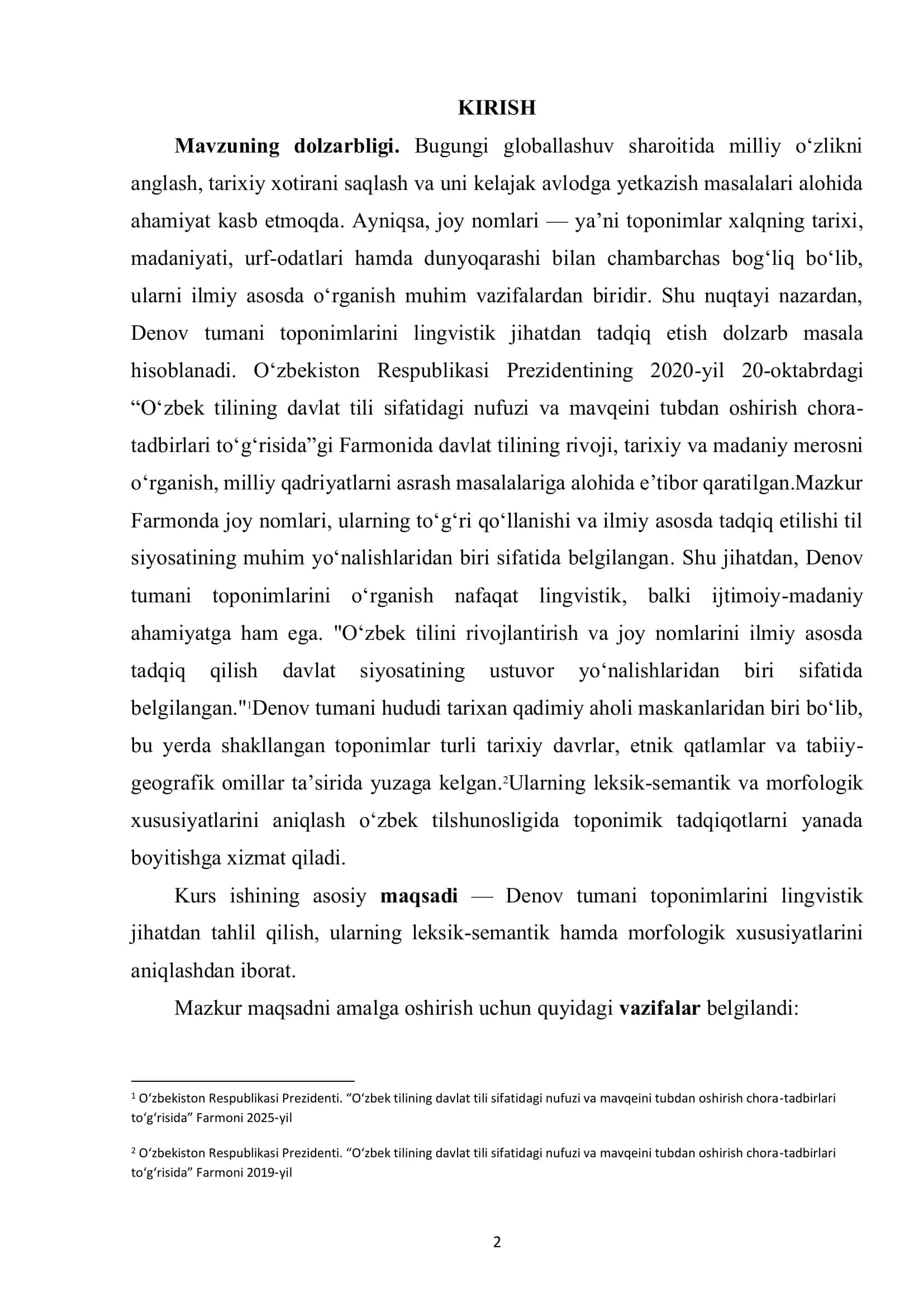 DENOV TUMANI TOPONIMLARINING LISONIY XUSUSIYATLARI” 2