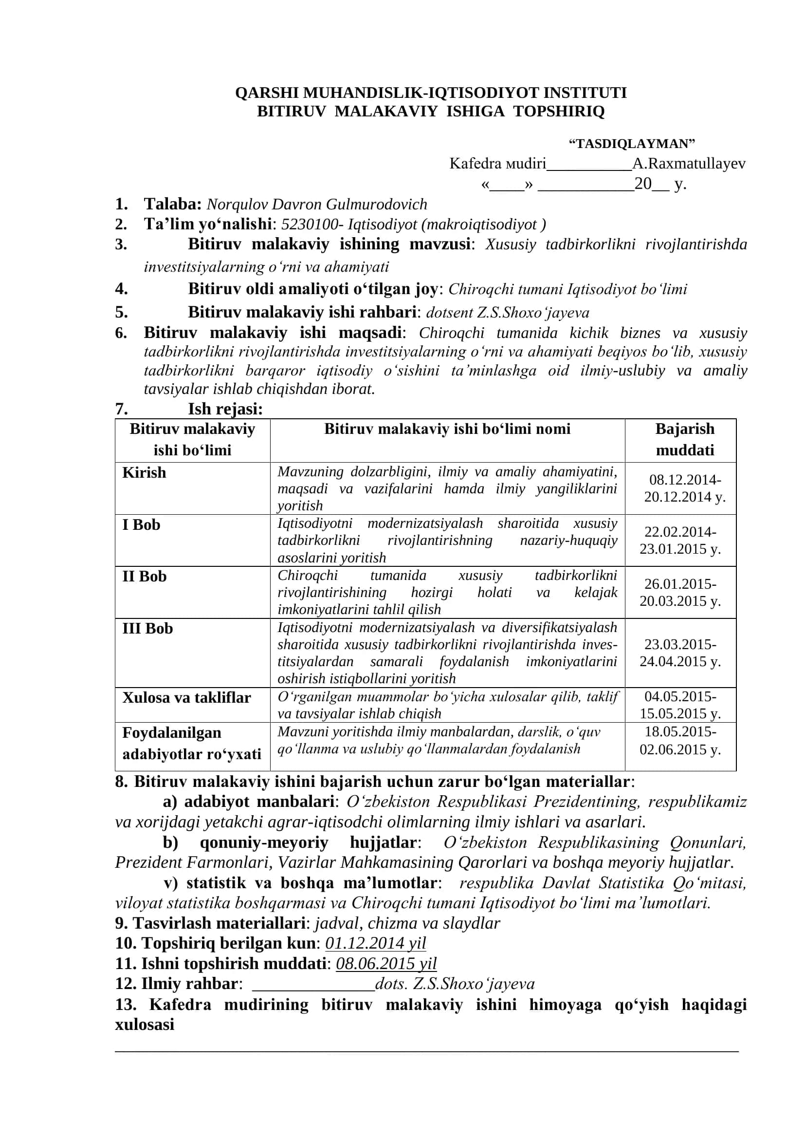 Chiroqchi tumani iqtisodiyot bo‘limi misolida investitsiyalar 2