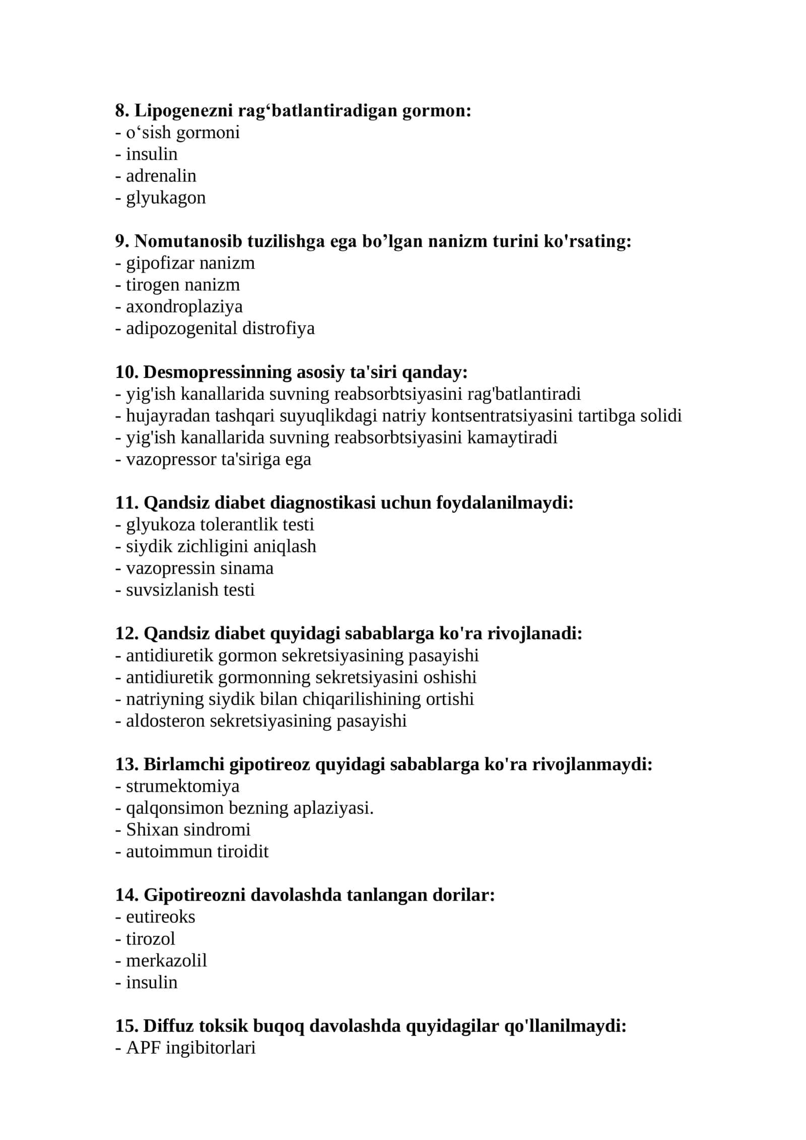 Endokrinologiya mutaxassisligi bo'yicha test savollari 2