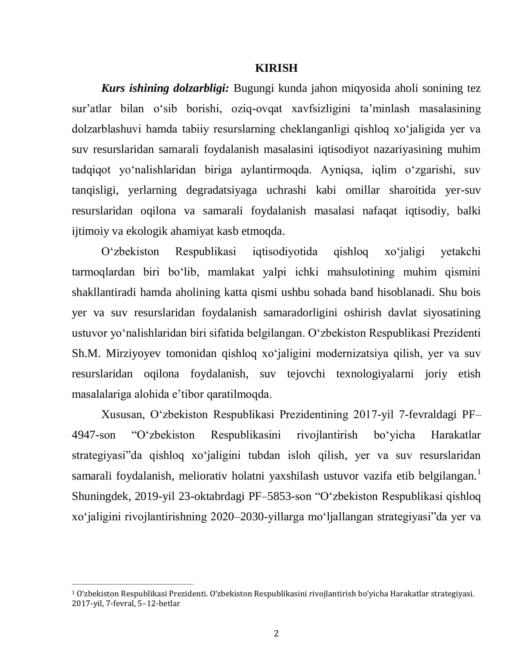 QISHLOQ XOʻJALIGIDA YER-SUV RESURSLARIDAN SAMARALI FOYDALANISH YOʻLLARI mavzusida kurs ishi 2