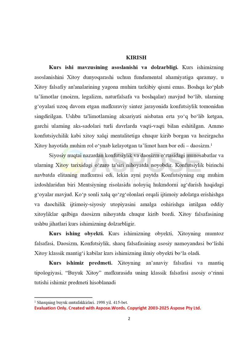 Kurs ishi “Xitoy falsafasining mumtoz adabiyoti” 2