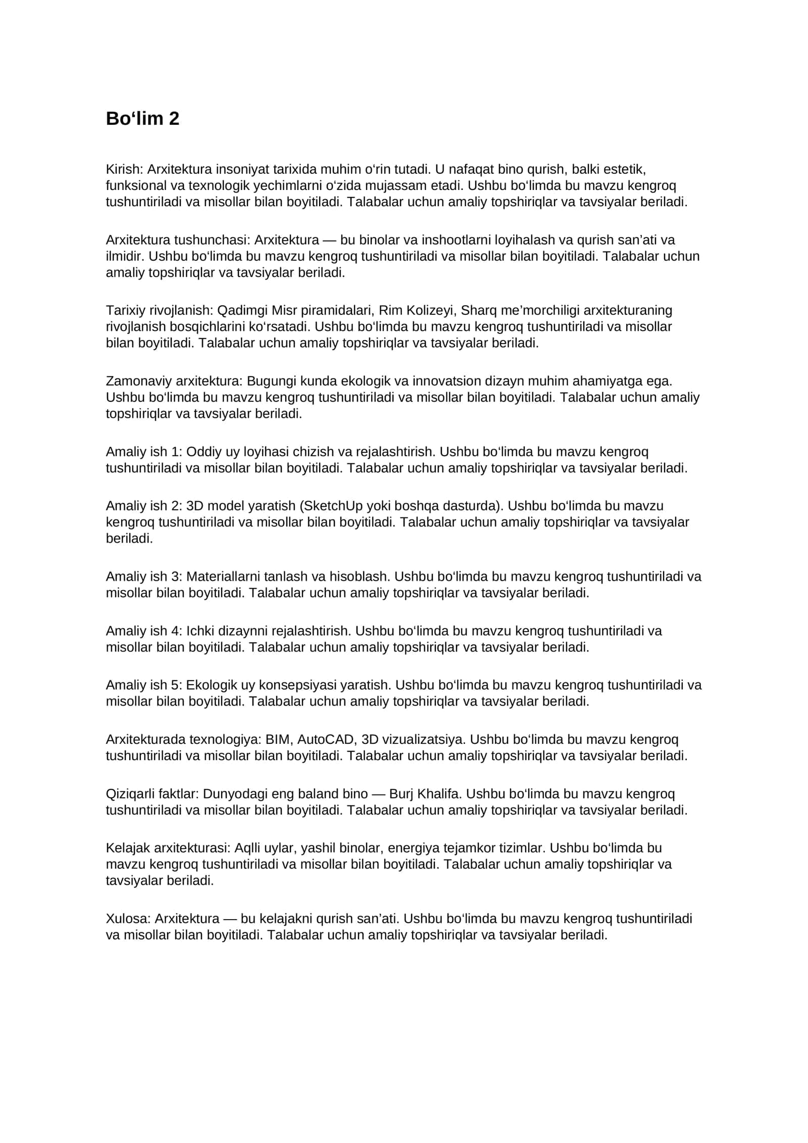 Arxitektura fanidan amaliy ishlar (Referat) 2