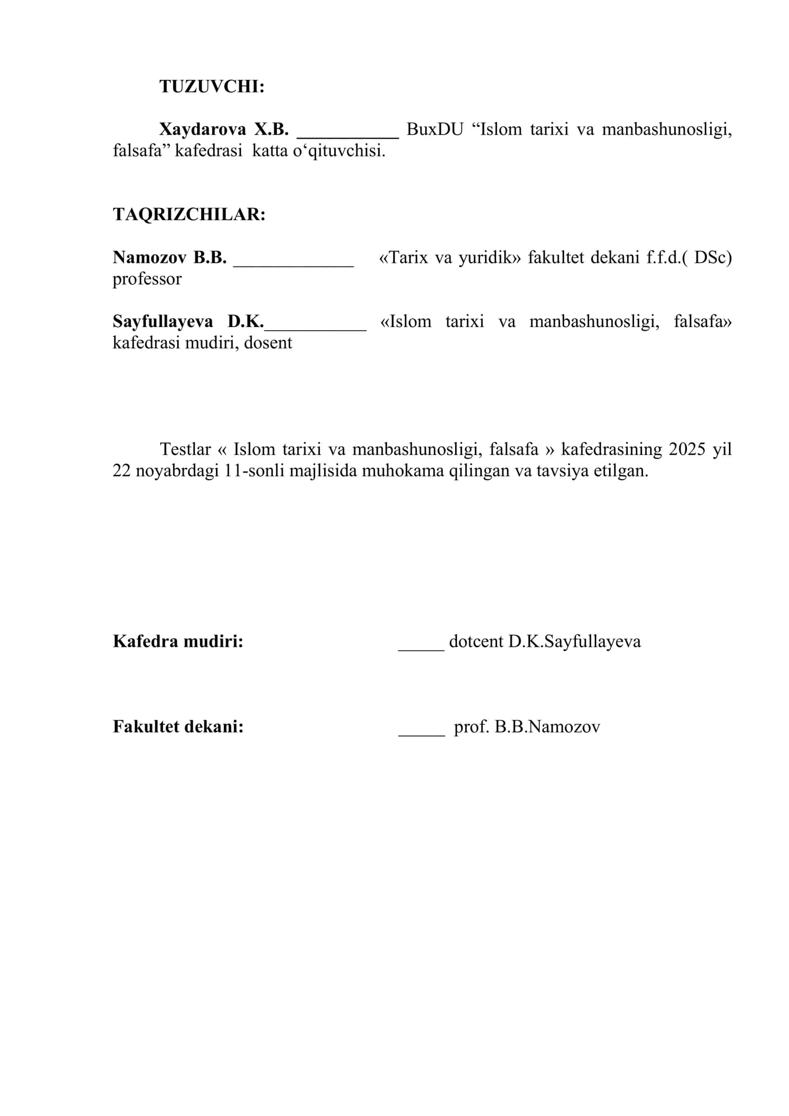 DINSHUNOSLIK fanidan TESTLAR TO’PLAMI 2