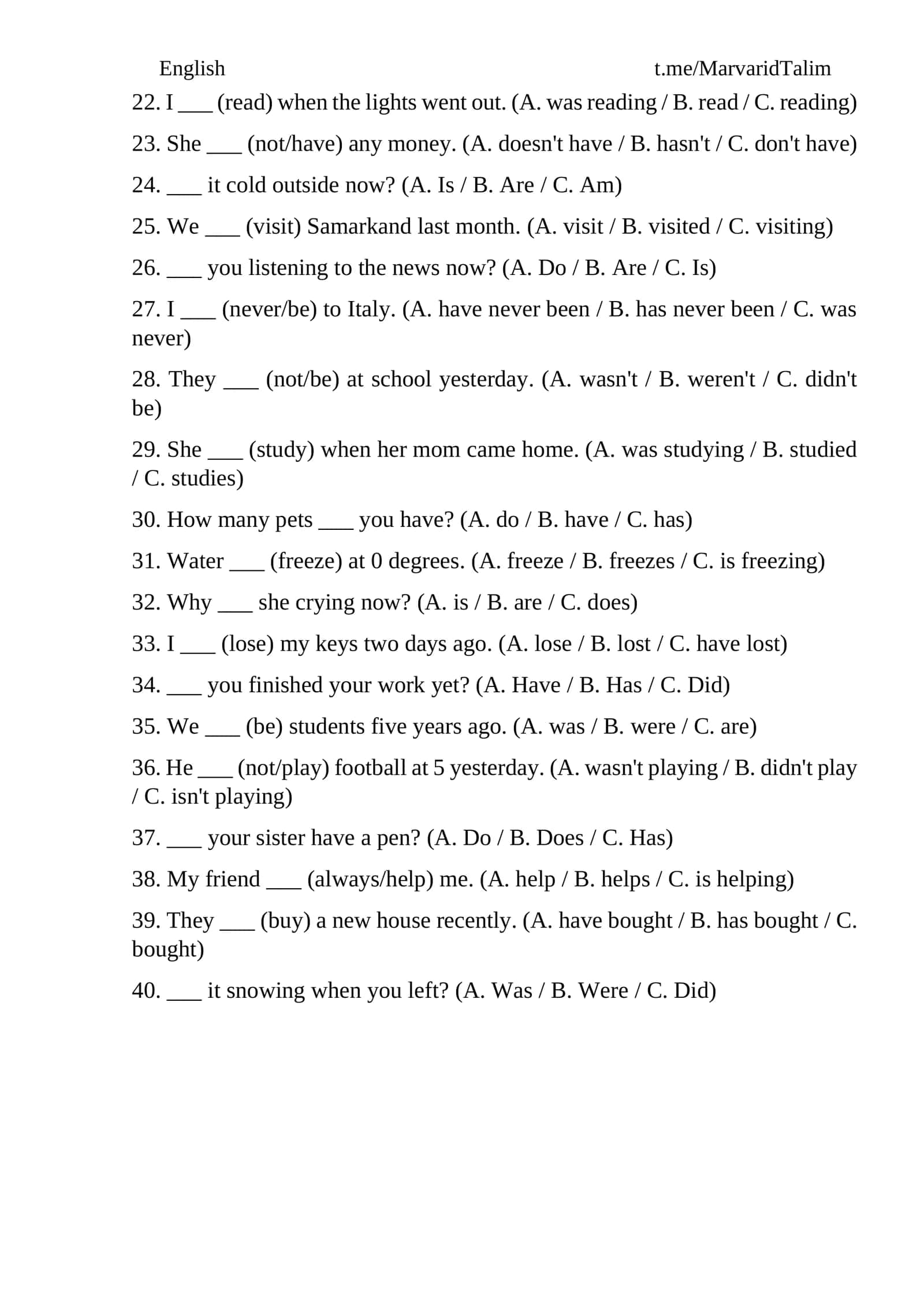 Ingliz tilidan testlar. TEST beginner, elementary Kalitli test 2