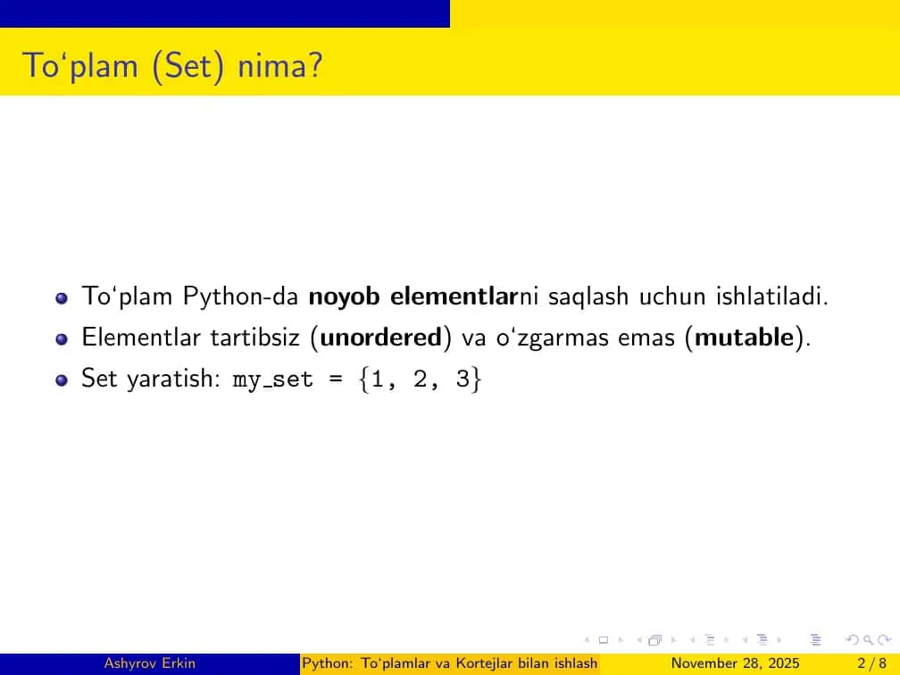 Python: To‘plamlar va Kortejlar bilan ishlash 2