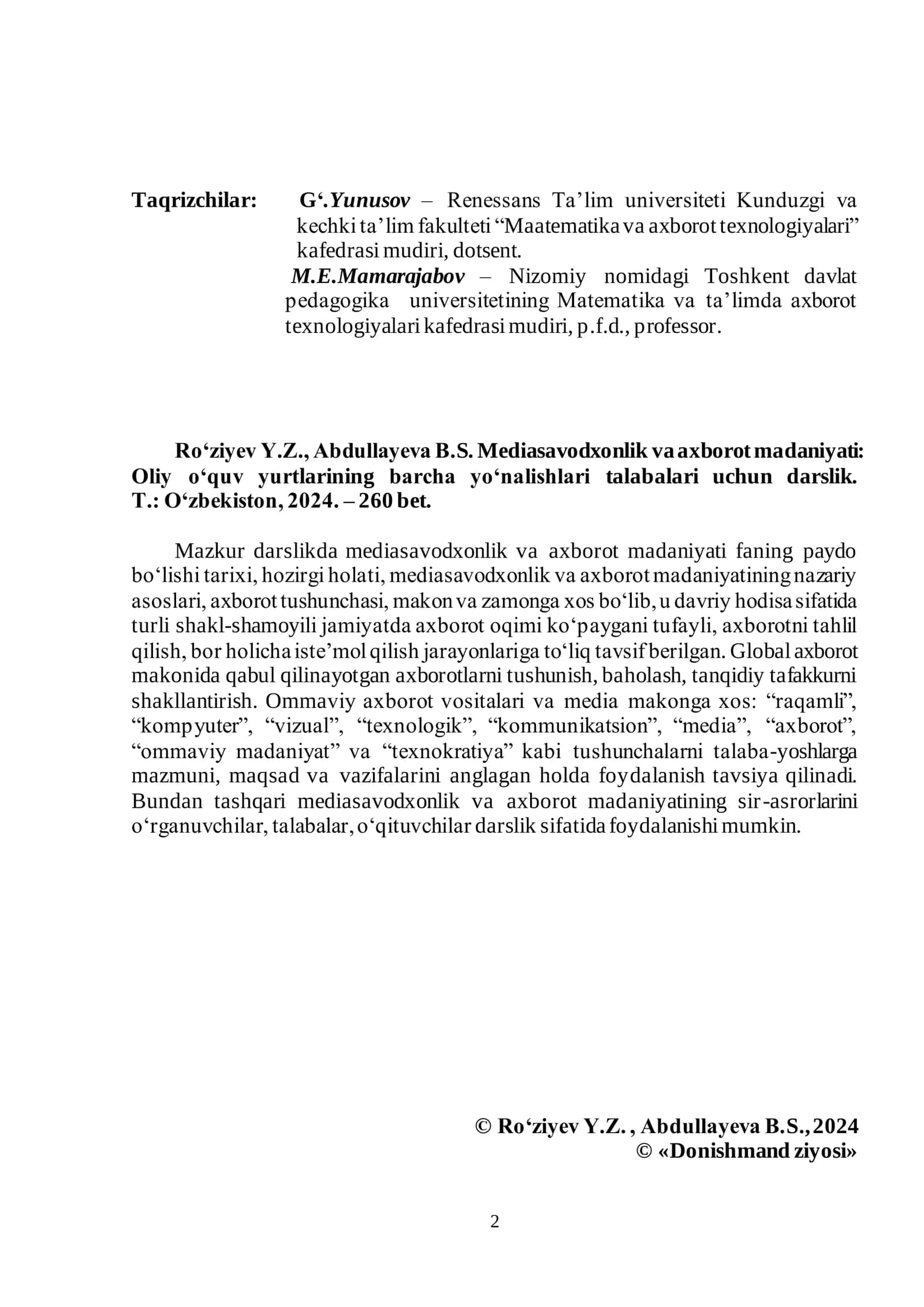 Mediasavodxonlik va axborot madaniyati 2