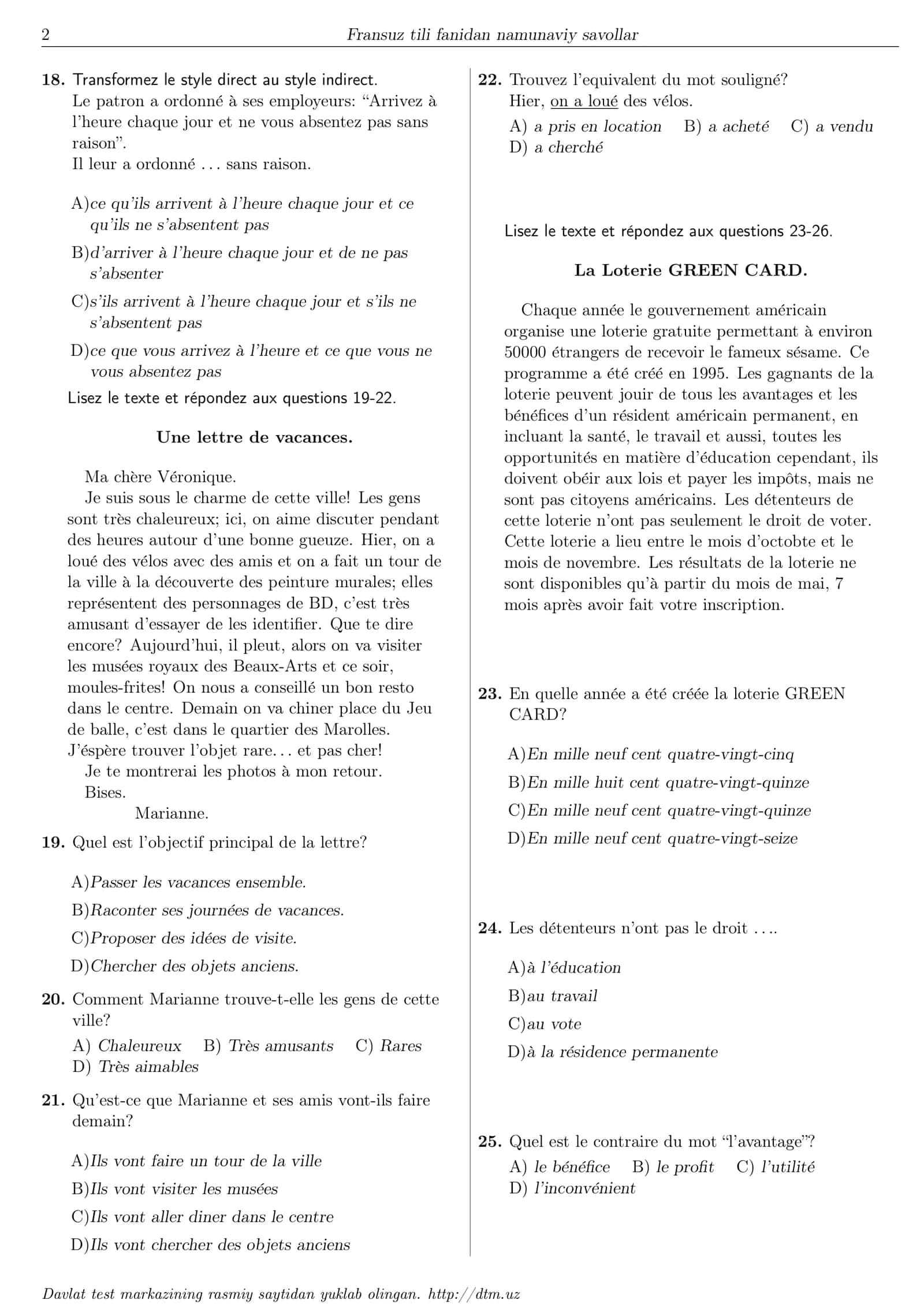 Fransuz tili fanidan DTM savollar 2