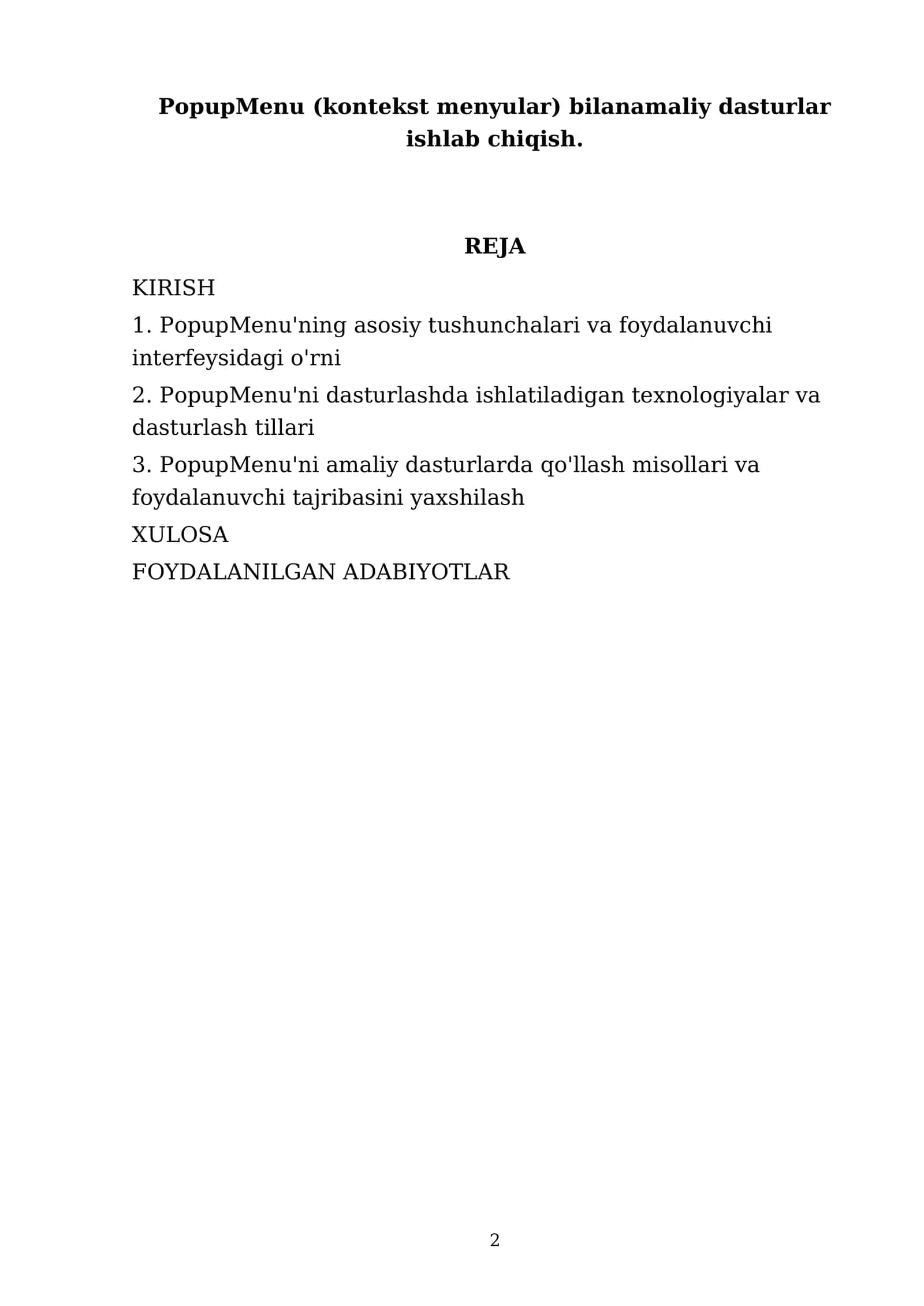 PopupMenu (kontekst menyular) bilanamaliy dasturlar ishlab chiqish 2