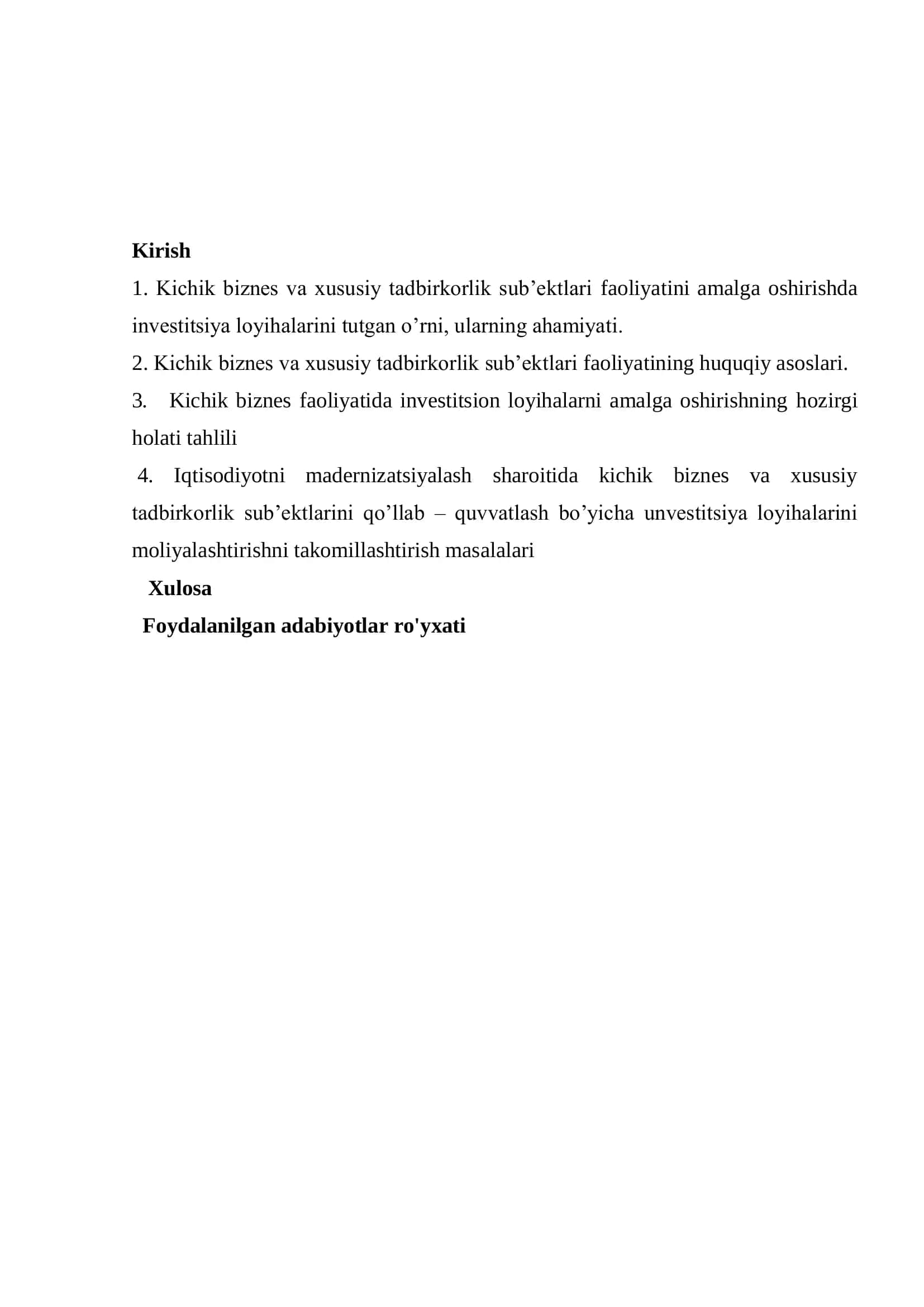 Kichik biznes va xususiy tadbirkorlik sub’ektlarini qo’llab – quvvatlash bo’yicha investitsiya loyihalarini moliyalashtirish masalalari 2