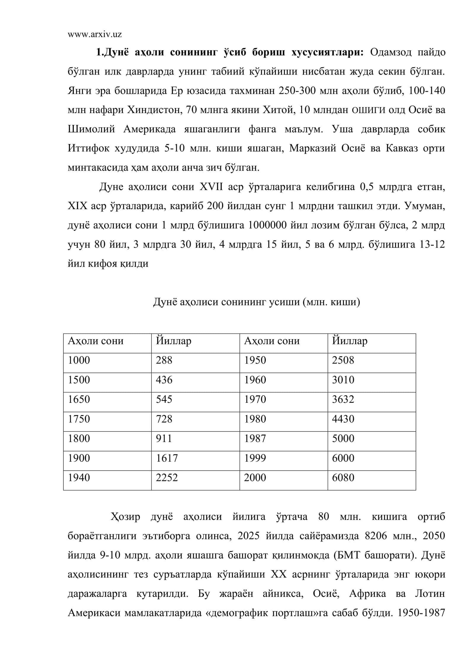 Дунё аҳоли сонининг ўсиб бориш хусусиятлари 2