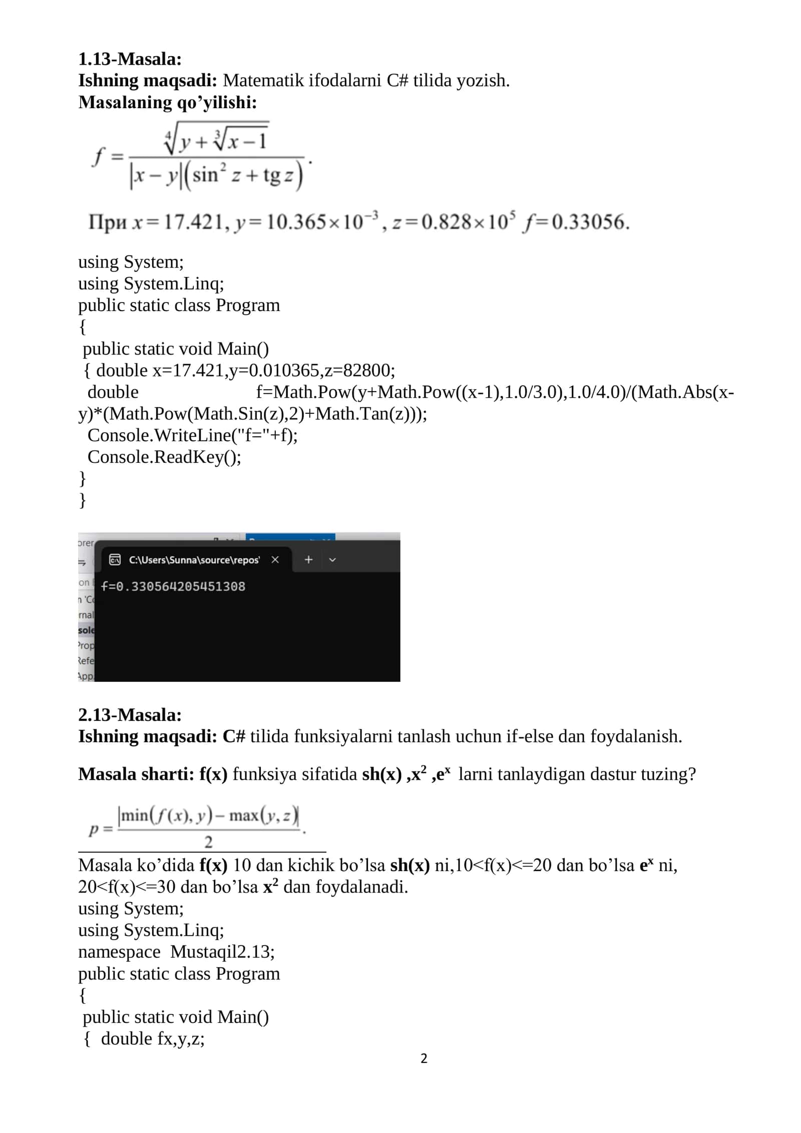 Matematik ifodalarni C# tilida yozish. 2