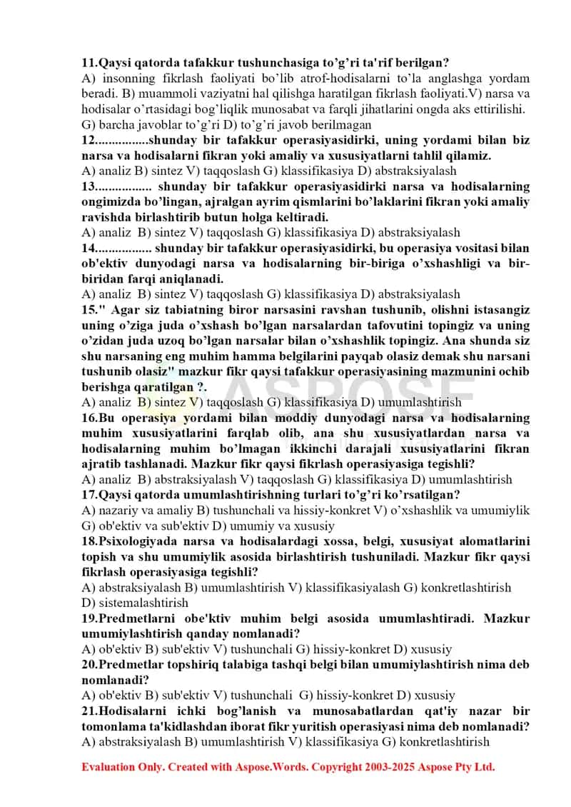 Tafakkur mavzusi bo’yicha test topshiriqlari 2