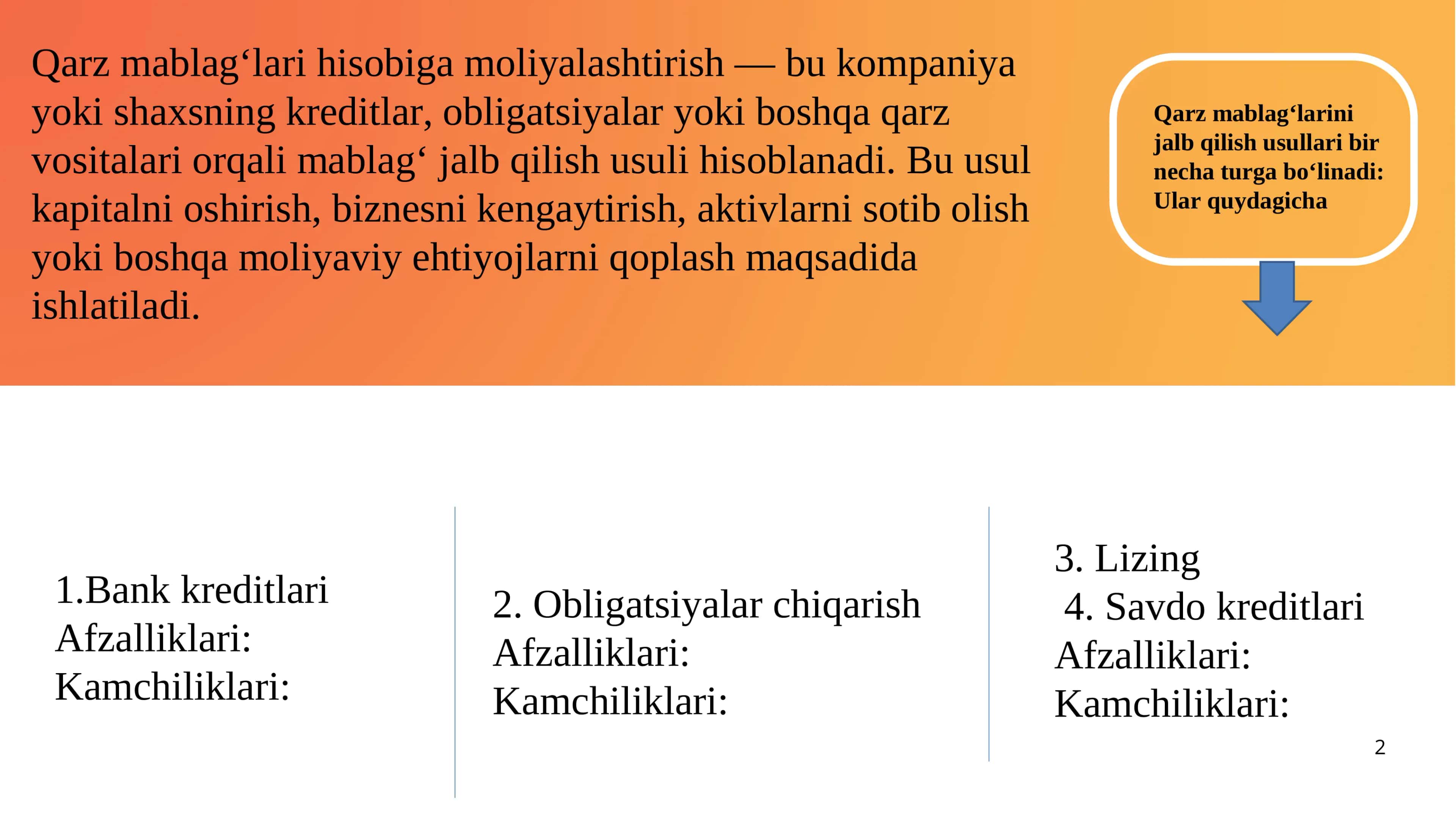 Qarz mablag‘lari hisobiga moliyalashtirish 2