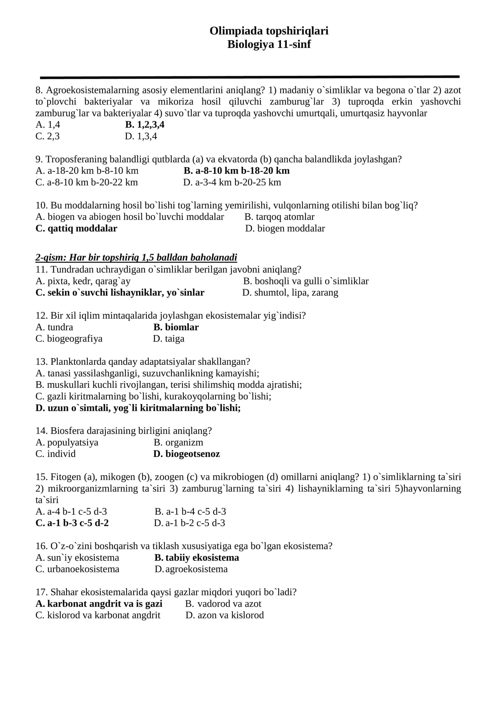 Olimpiada topshiriqlari Biologiya fanidan (viloyat) 11-sinf 2