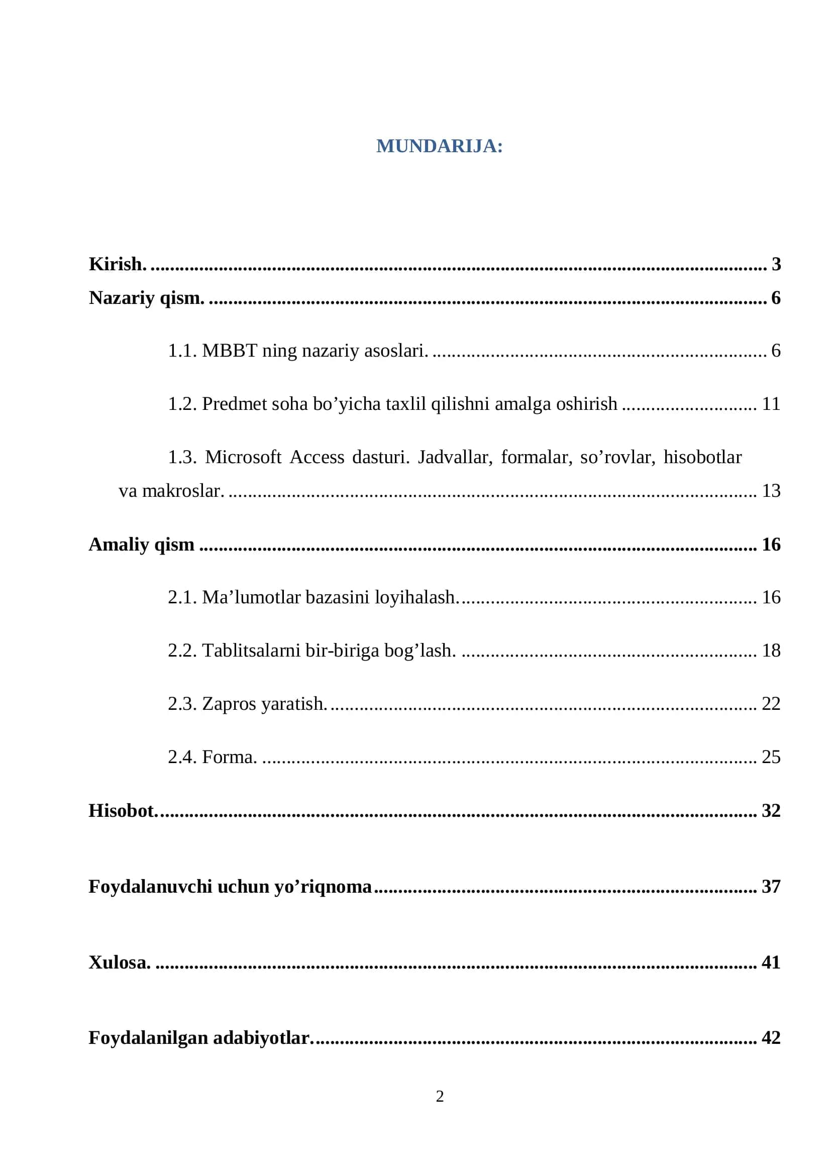Microsoft Access dasturi. Jadvallar, formalar, so’rovlar, hisobotlar va makroslar 2