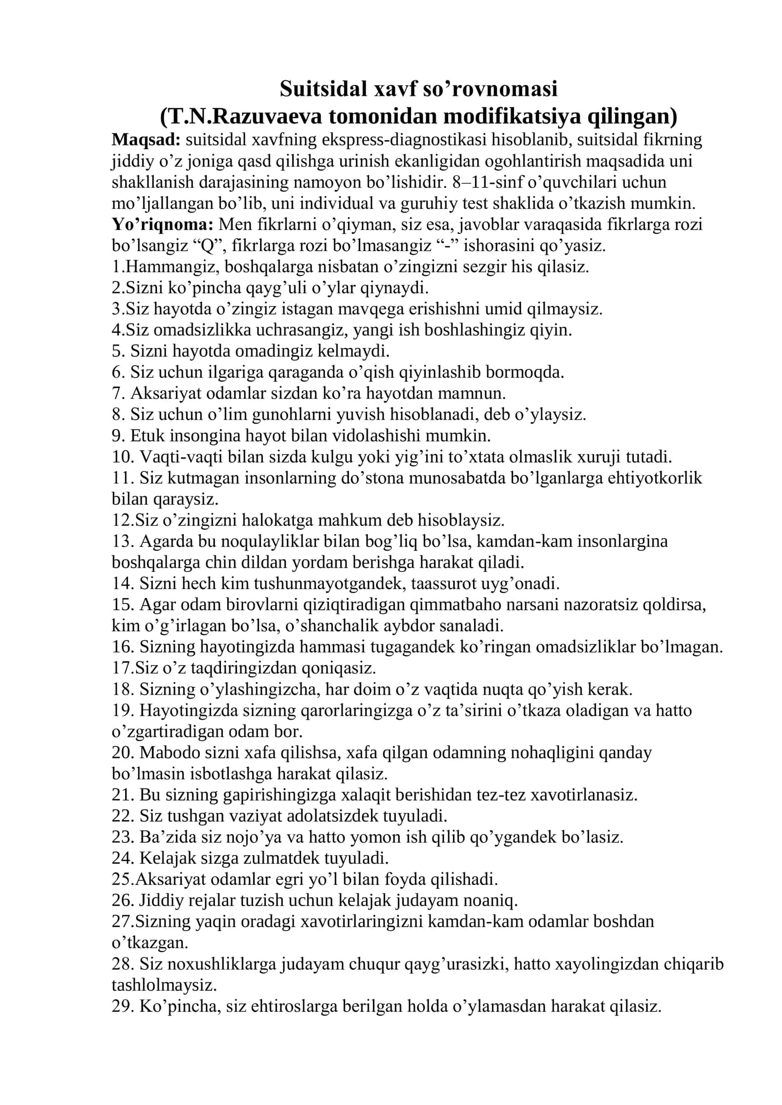 SUITSIDAL XAVF SO’ROVNOMASI 2