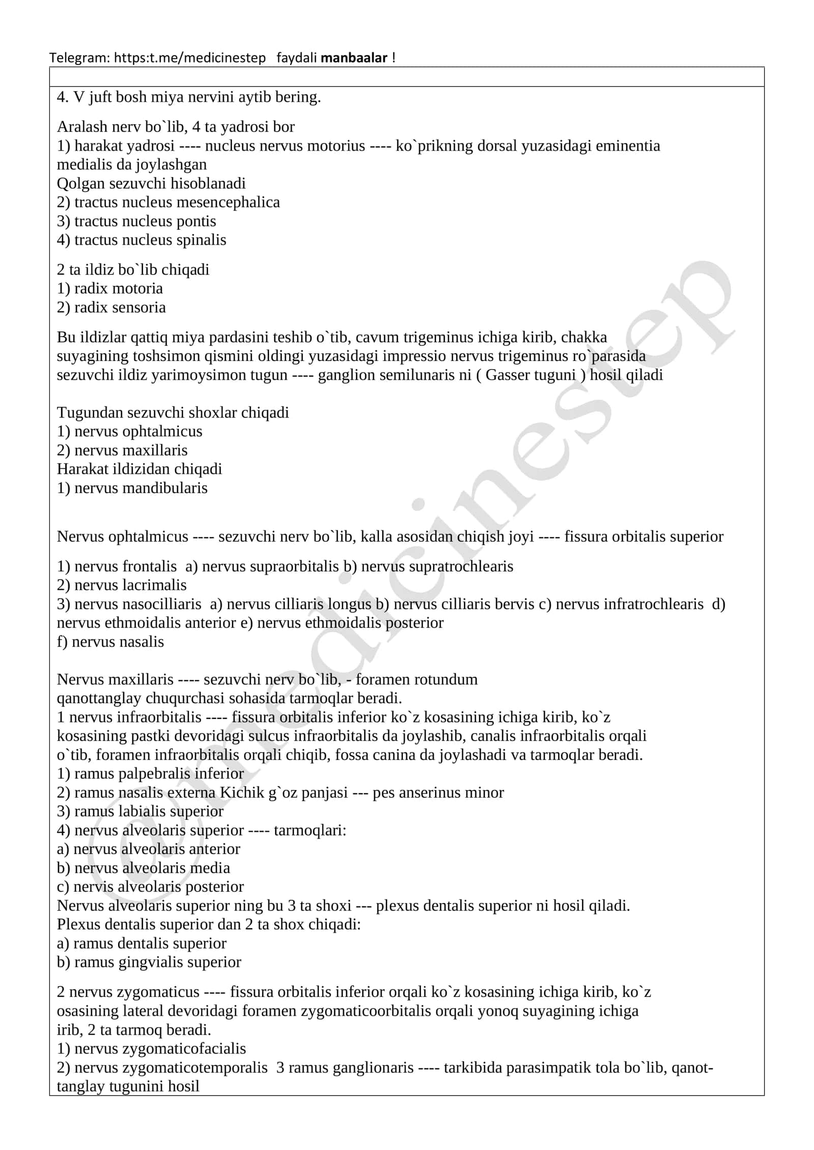 Odam anatomiyasi fanidan 2-kurs davolash ishi yo'nalishi talabalari uchun namunaviy oraliq nazorat savollari 2