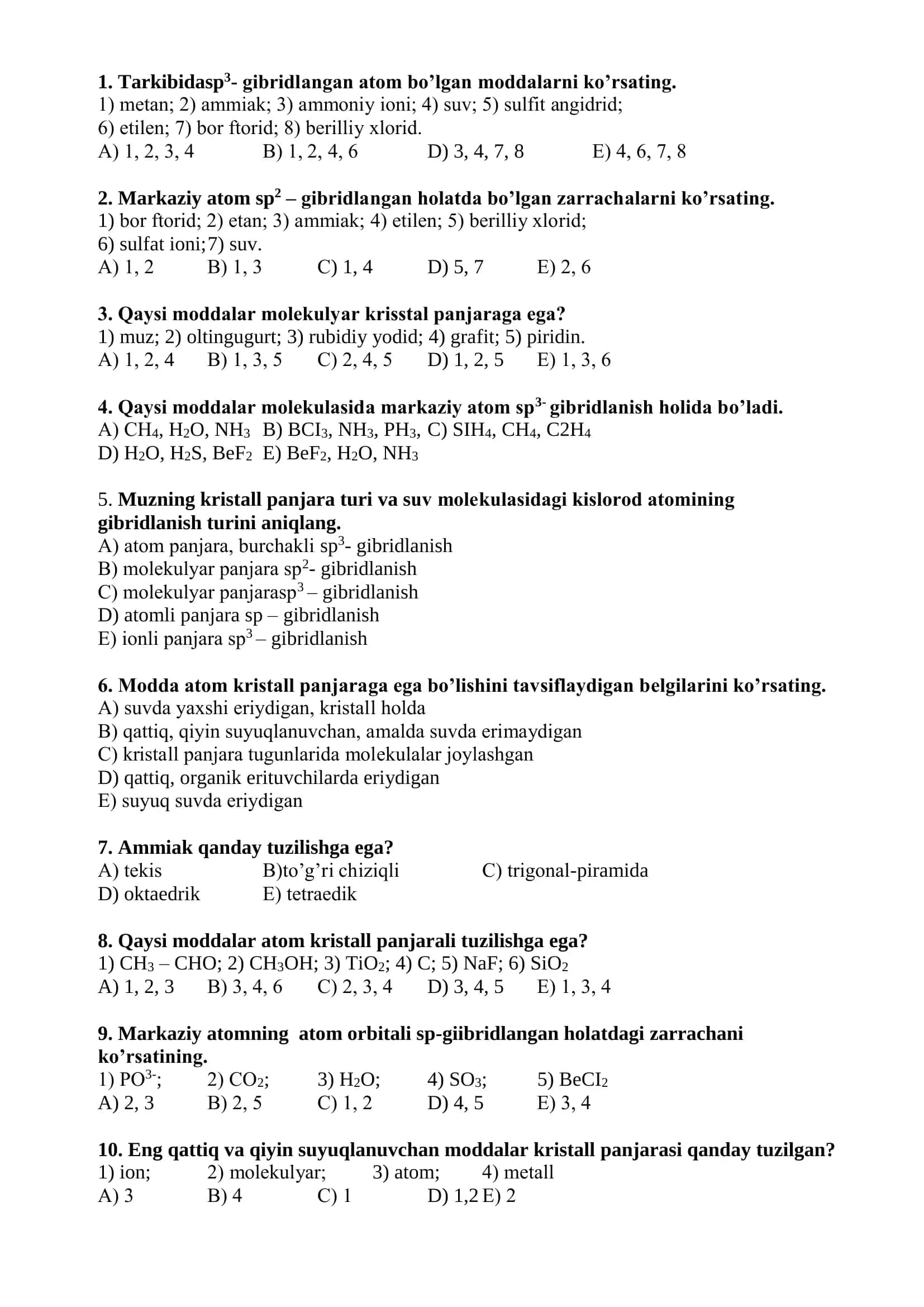 KRISTALL PANJARA TURLARI VA GIBRIDLANISHGA OID TESTLAR TO`PLAMI 2
