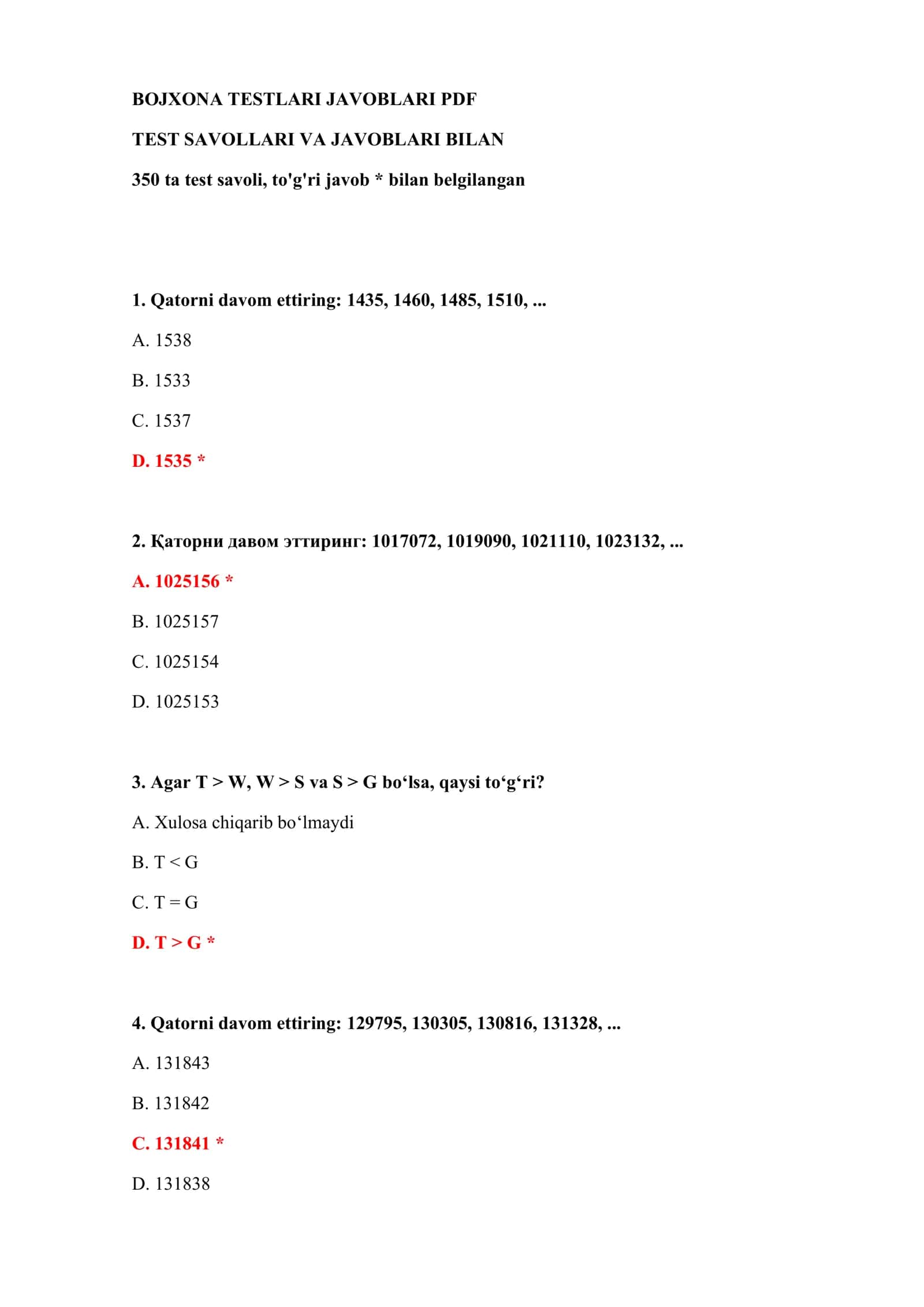 BOJXONA TESTLARI JAVOBLARI PDF 2