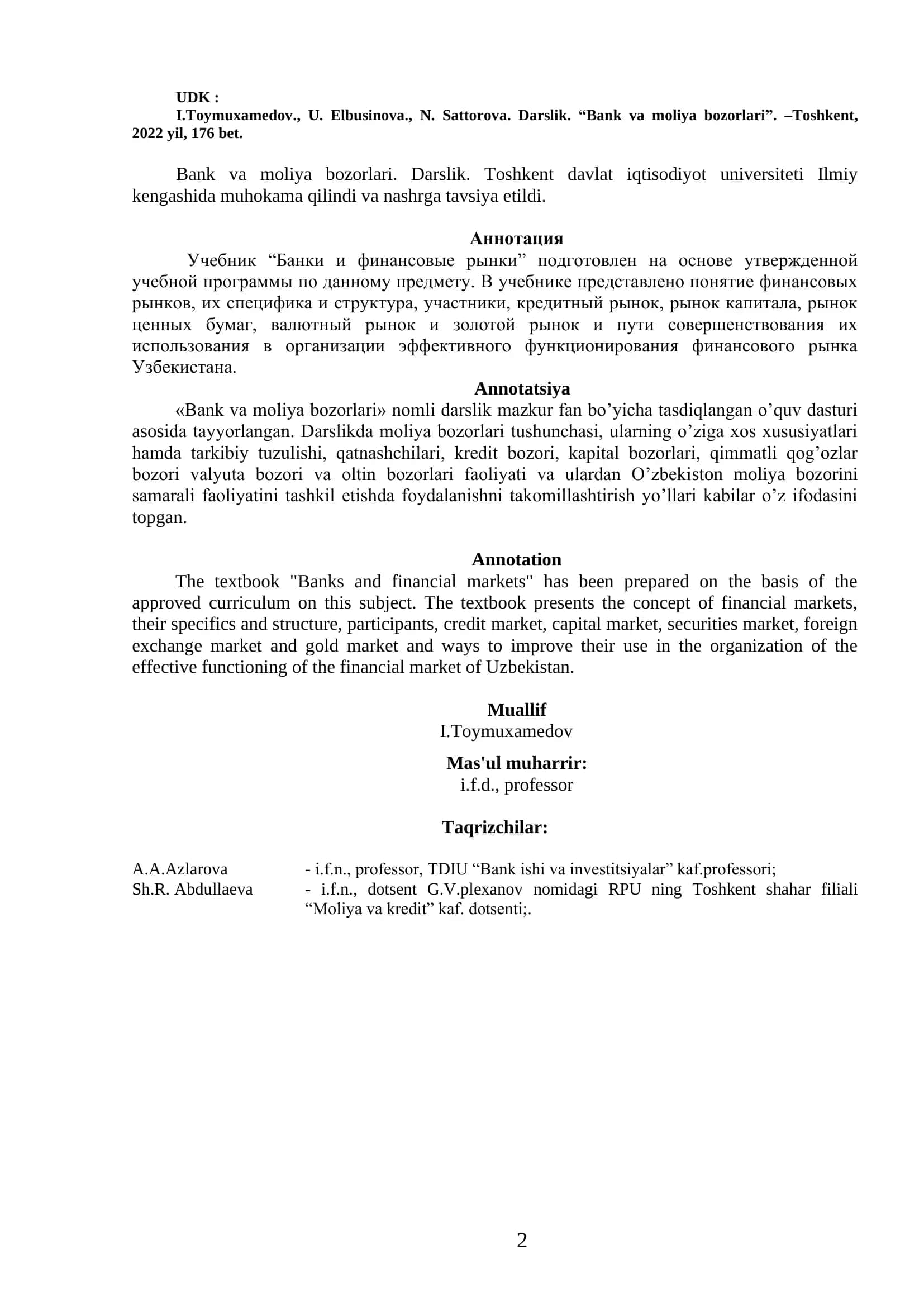 Bank va moliya bozorlari 2