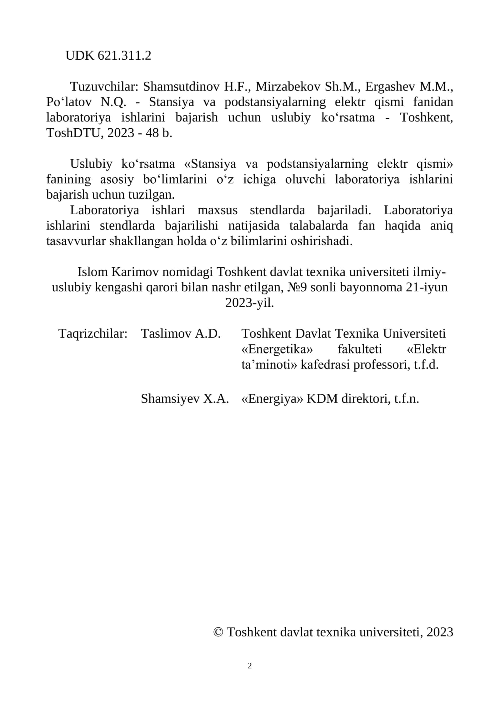 STANSIYA VA PODSTANSIYALARNING ELEKTR QISMI 2