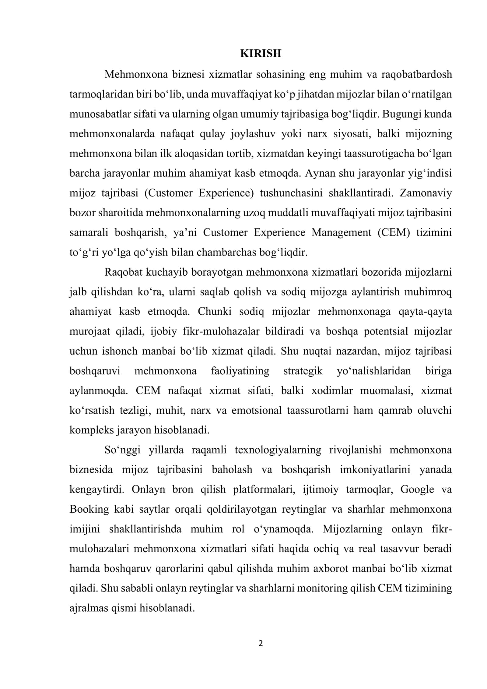 Mehmonxonalarda mijoz tajribasi boshqaruvi (Customer Experience Management – CEM) 2