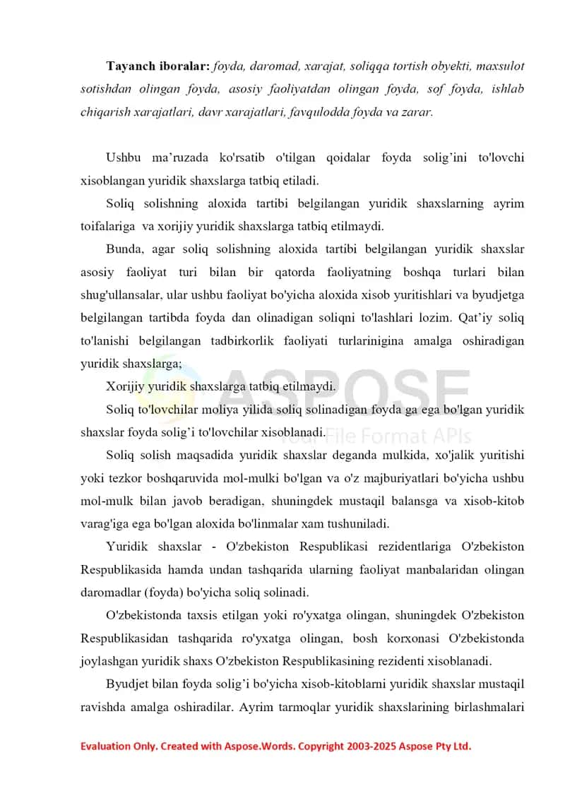 Yuridik shaxslardan olinadigan foyda solig’i 2
