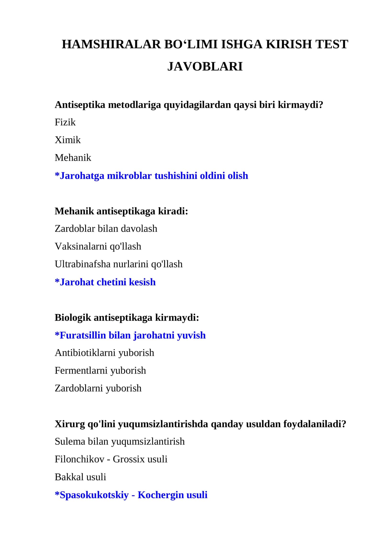 Hamshiralar bo‘limi ARGOS testi. Ishga kirish testi va test javoblari 2026 2