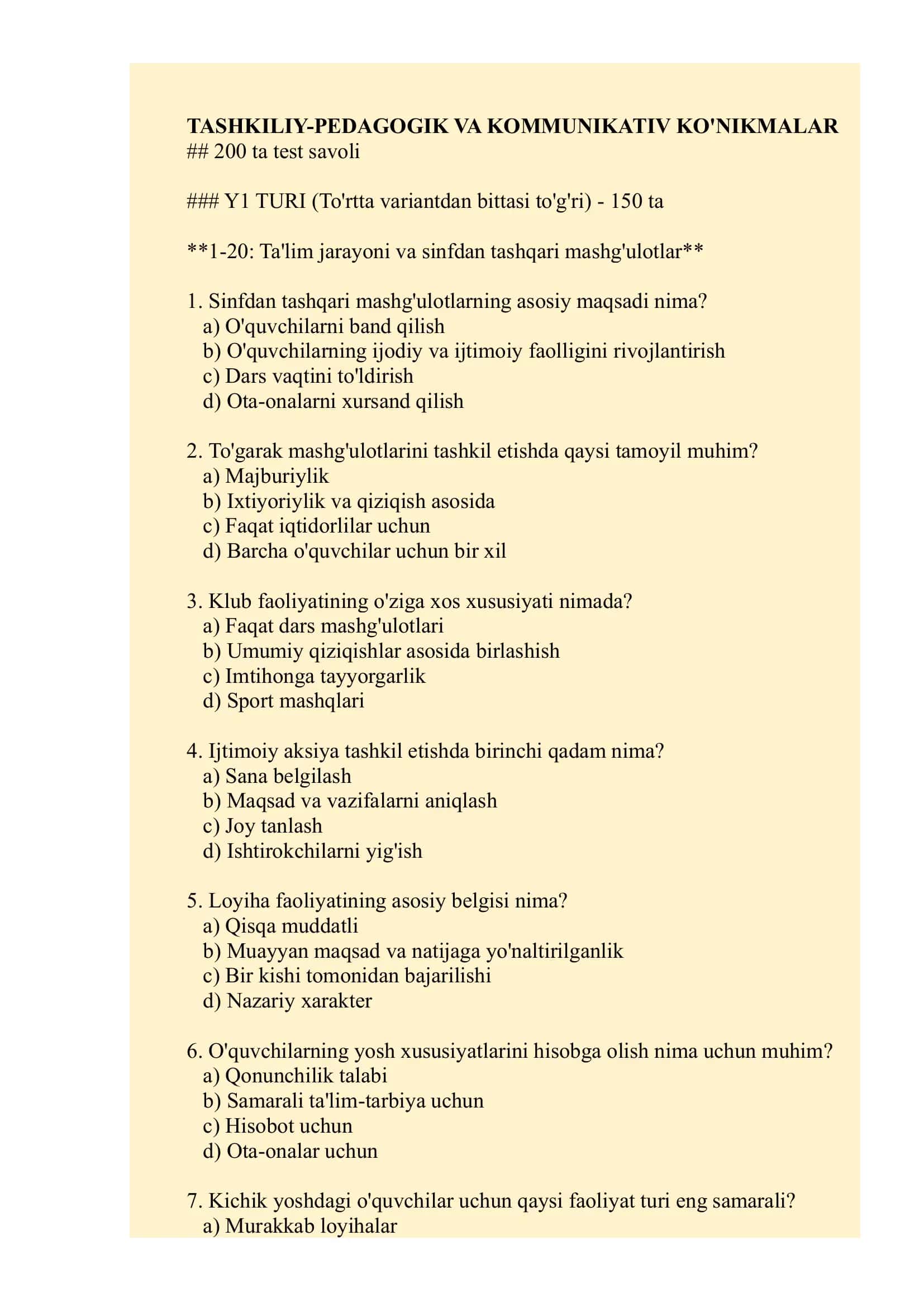 Maktab maslahatchilari uchun test savollari 2026 (Javoblari bilan) 2