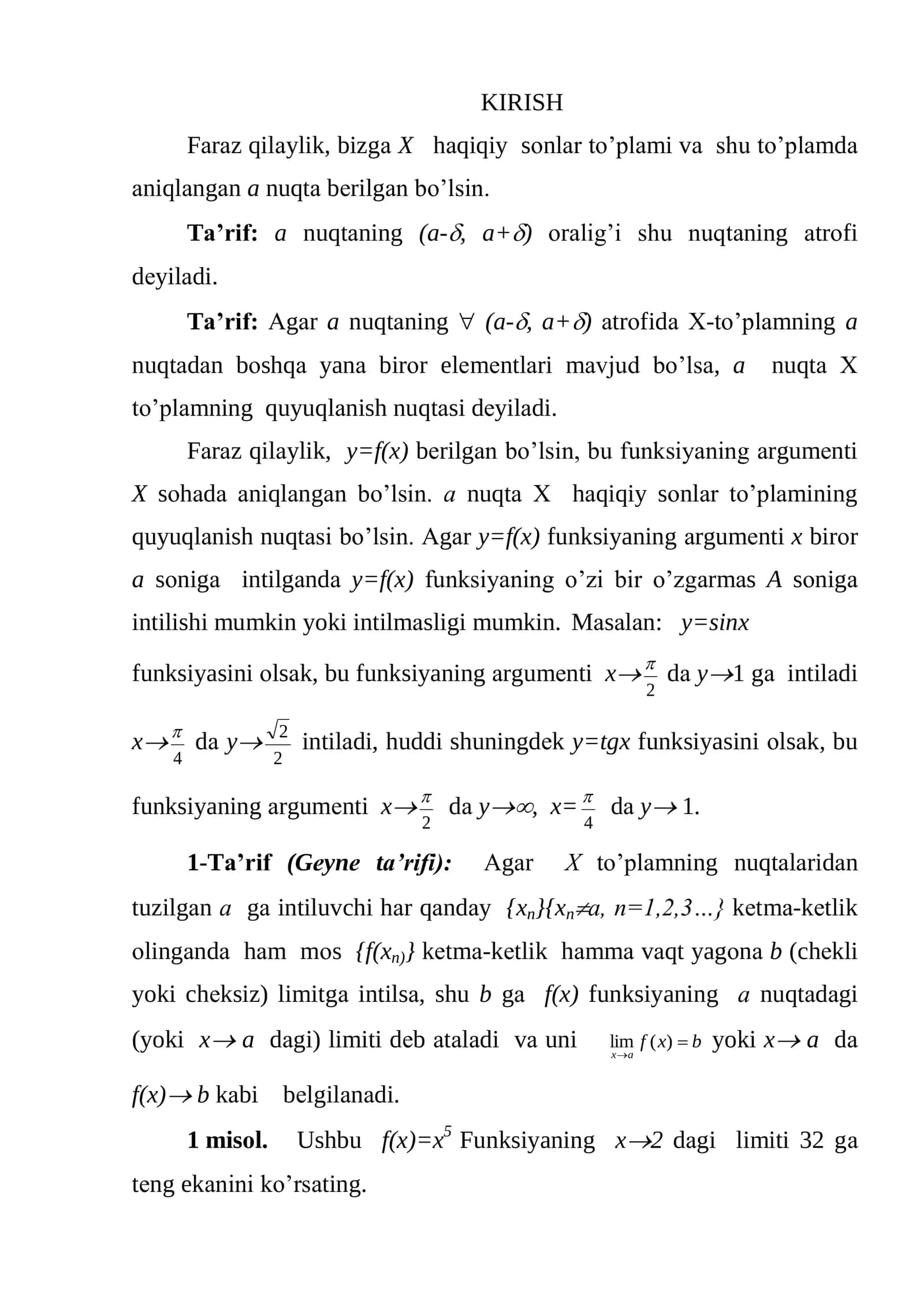 Funksiyalar ustida limitlar 2